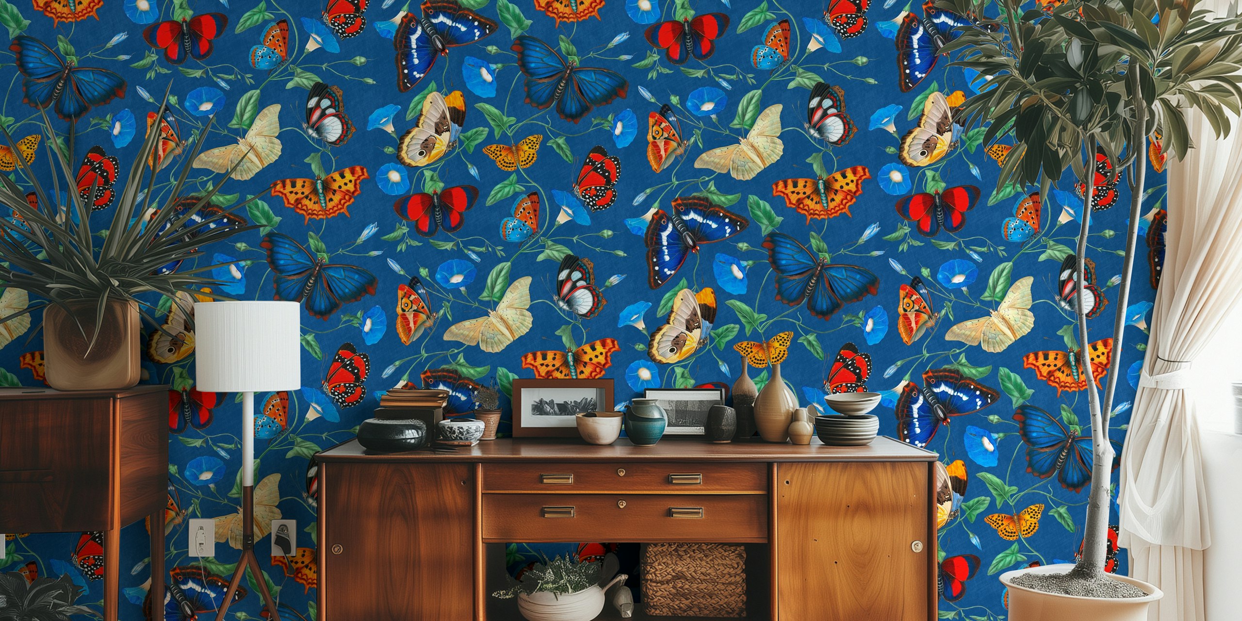 Wall mural with morning glory flowers and butterflies on a cobalt blue background