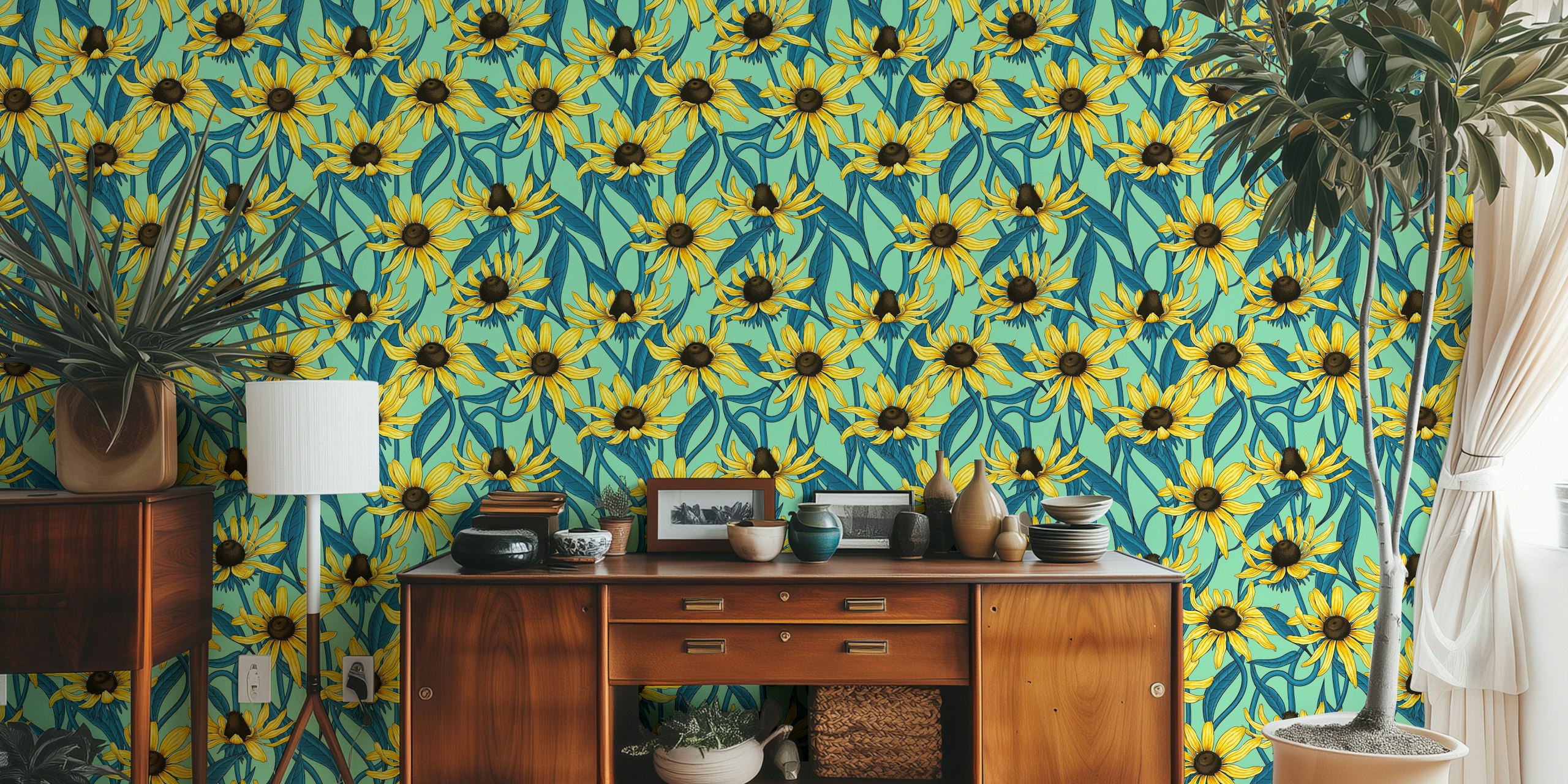 Yellow rudbeckia flowers on a jade green background wall mural