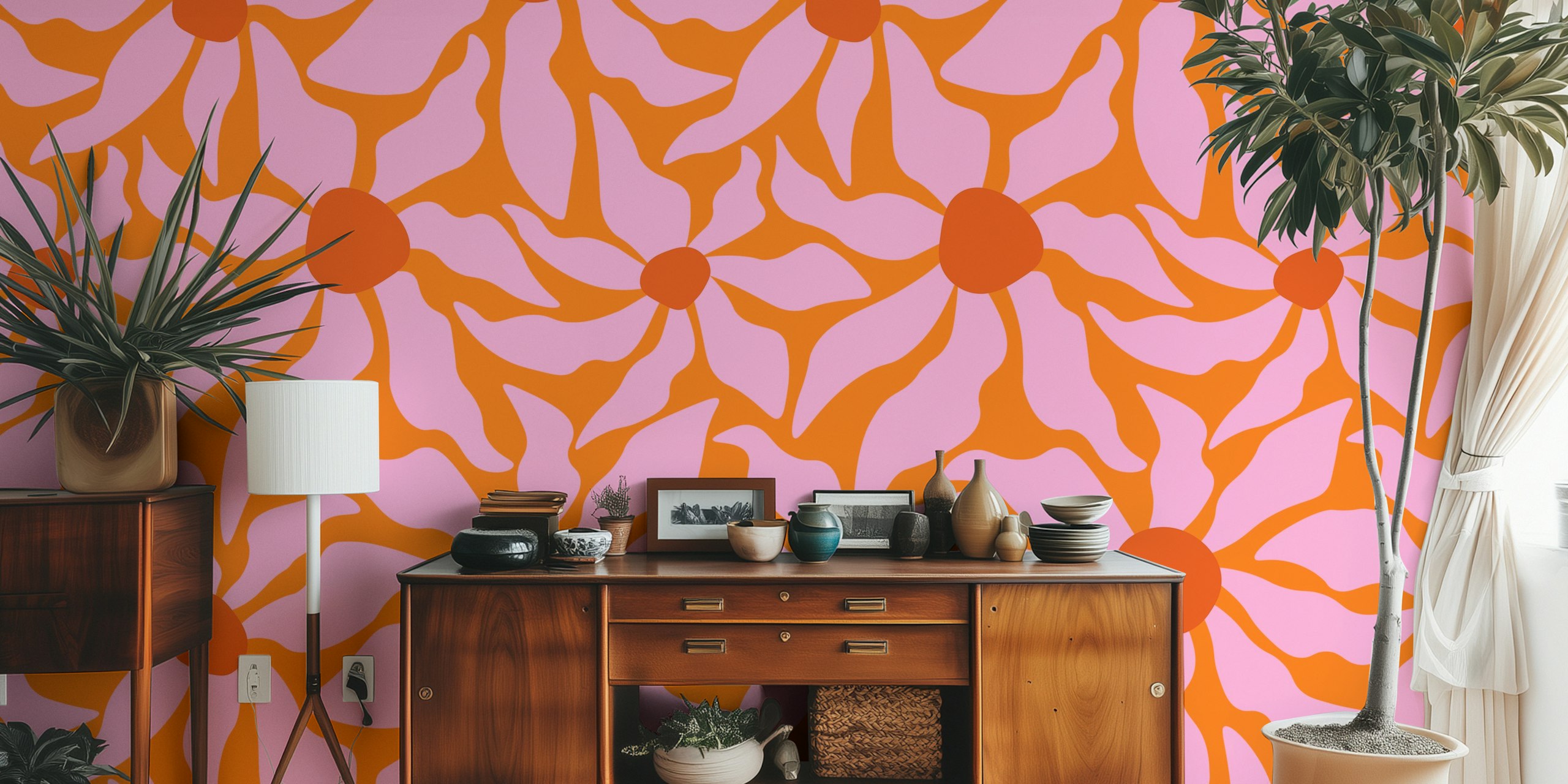 Vibrant orange and pink abstract floral wall mural with a retro groove design