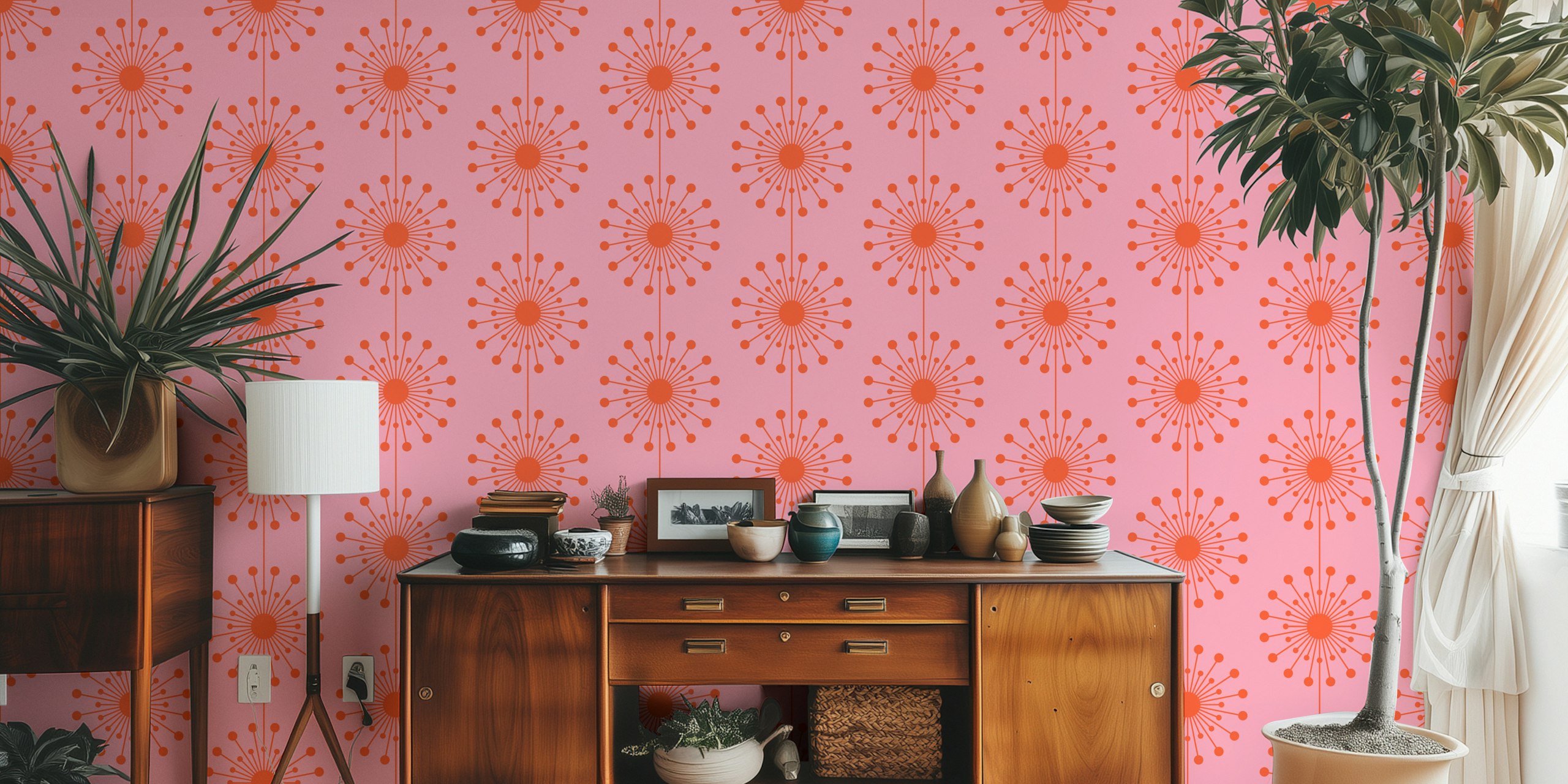 Midcentury modern floral pattern in pink and orange wallpaper