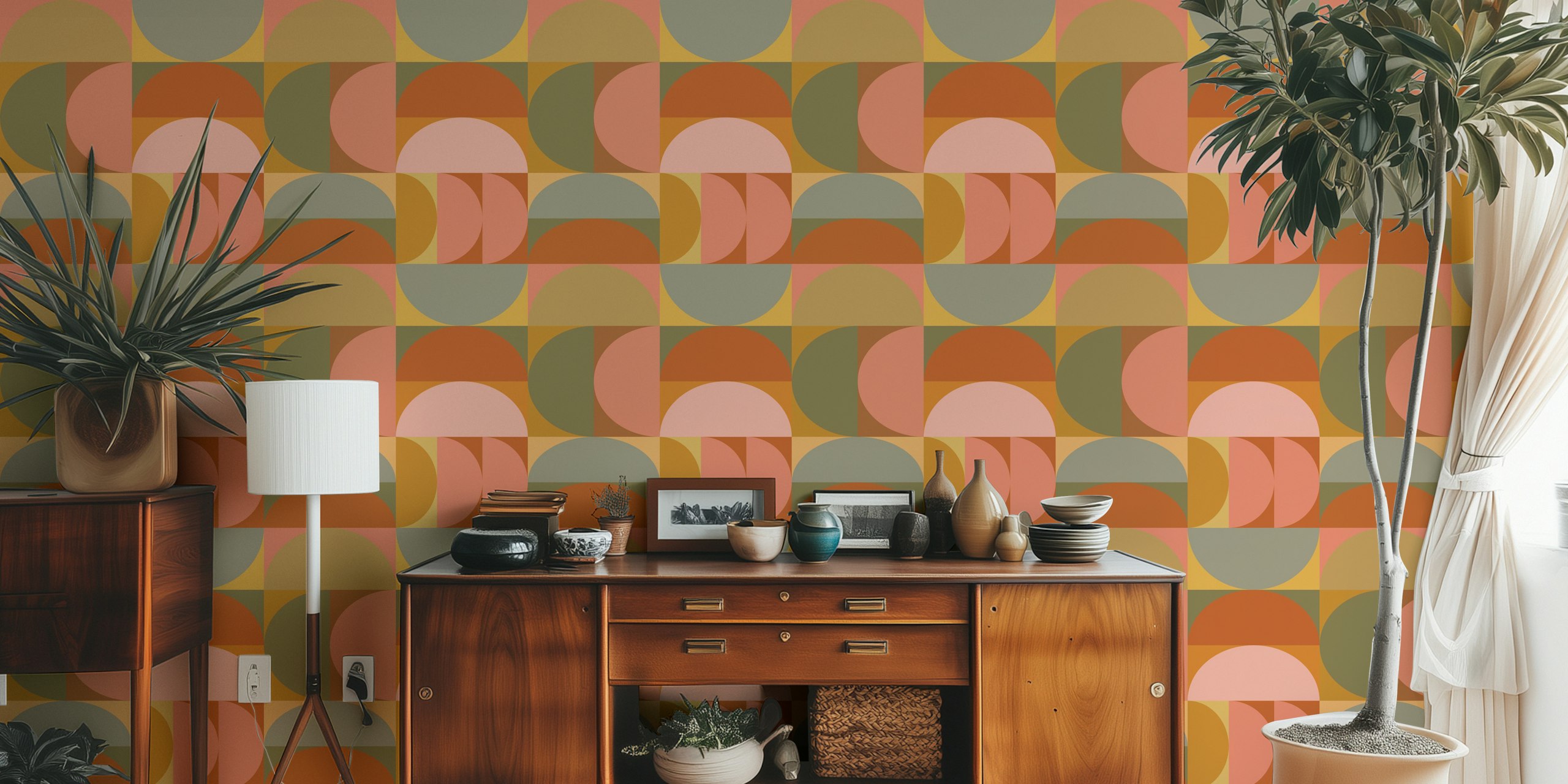 Geometric patterns in earthy terracotta and ochre wallpaper