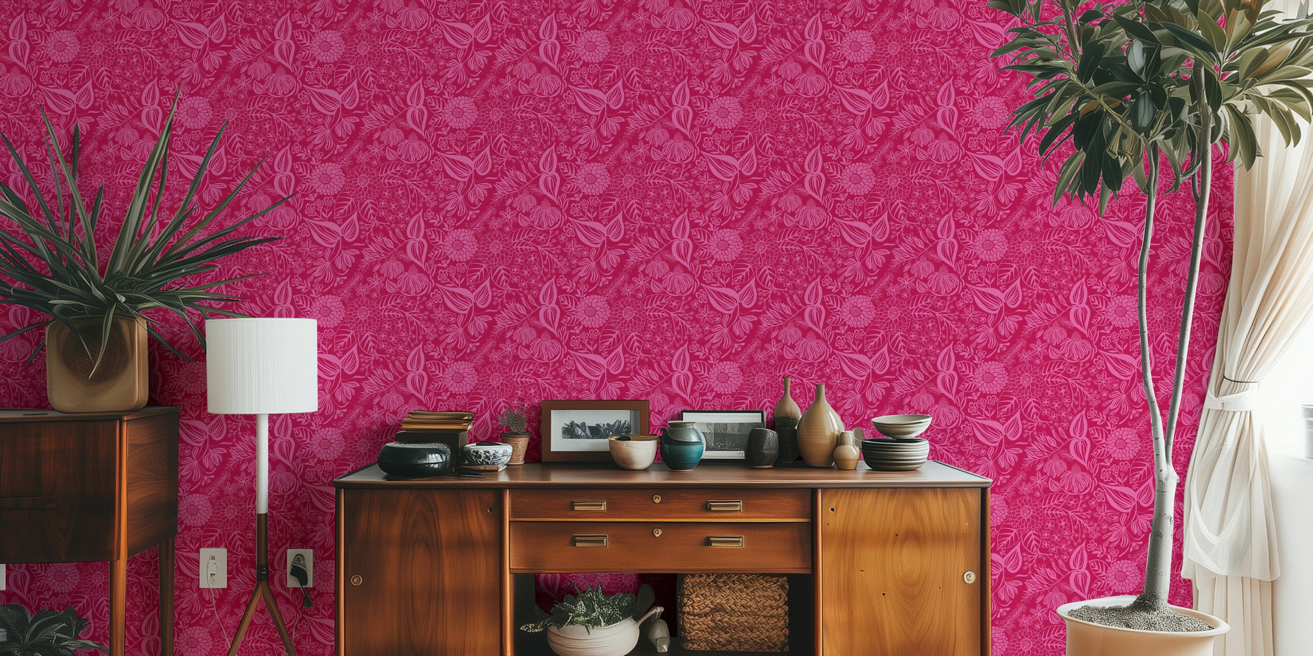 Floral patterns in cerise with pink flowers and leaves wallpaper