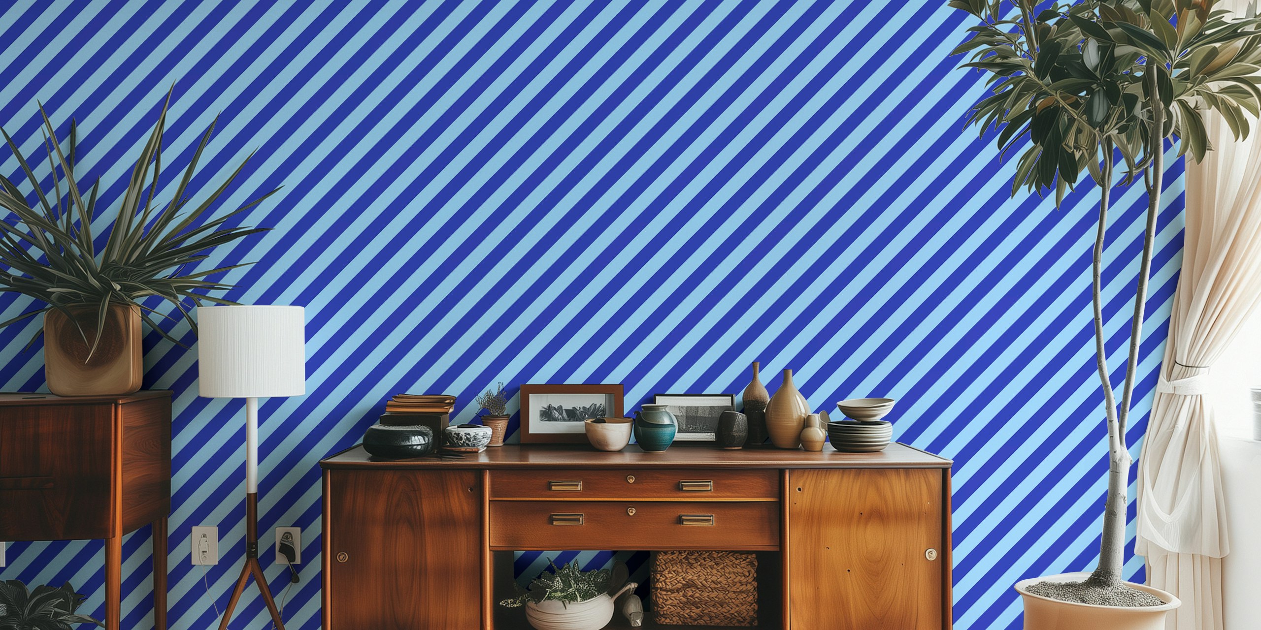 Blue diagonal stripes wallpaper in a room