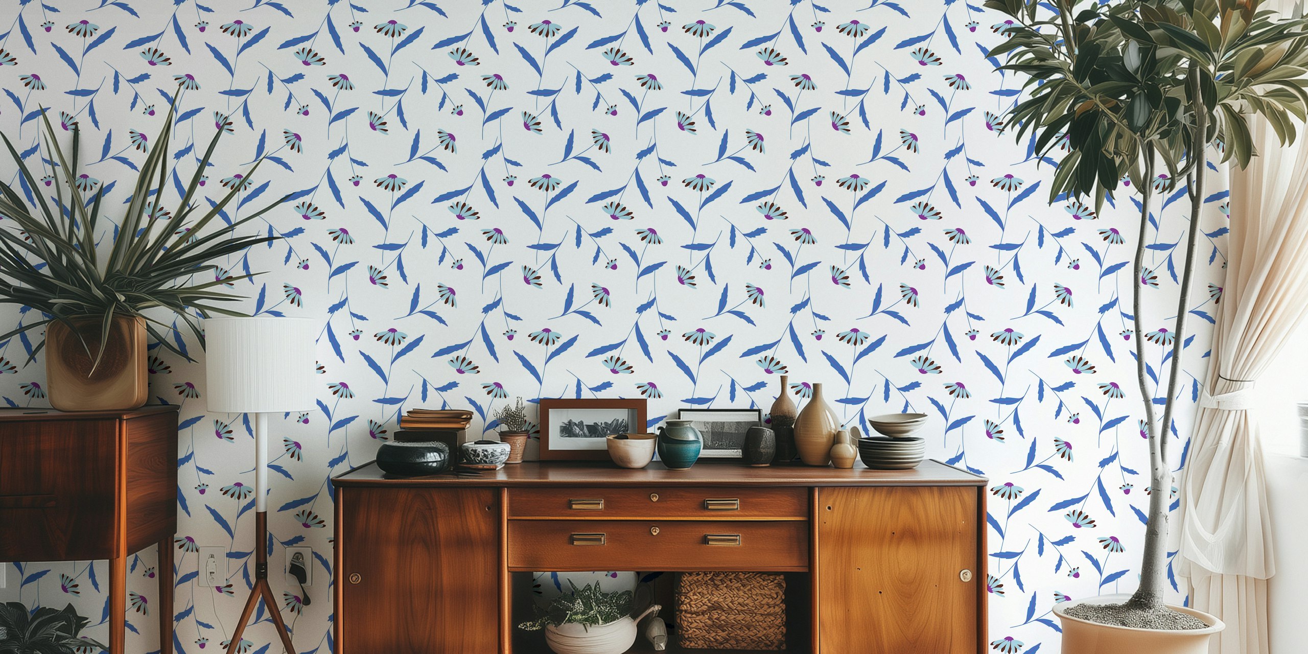 Carolina white and blue floral wallpaper in a room