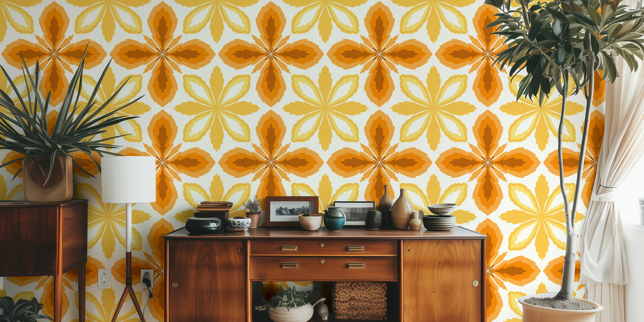 Ornate yellow and orange tile wallpaper in a room