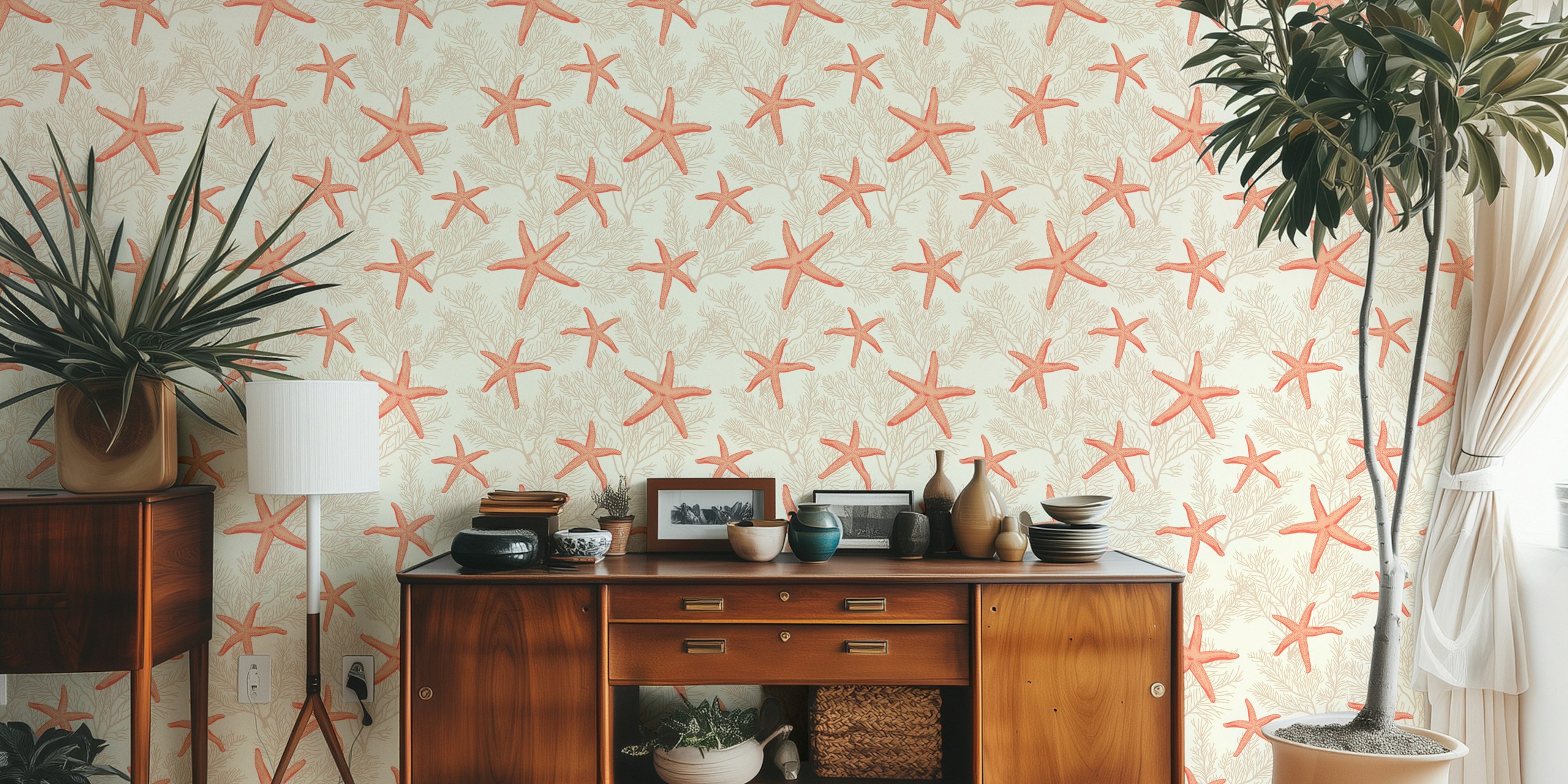 Coral starfish pattern on beige background wallpaper