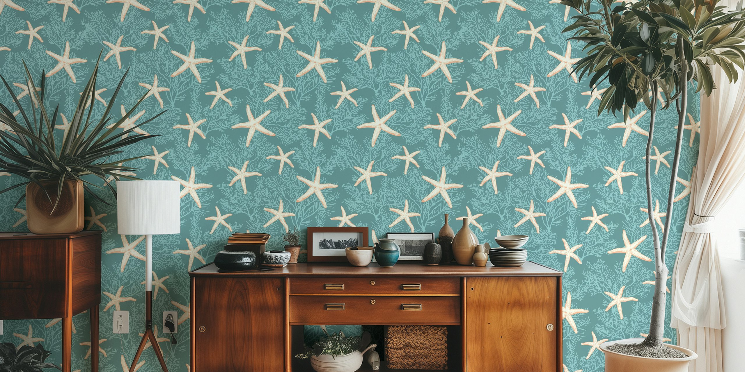 Tropical starfish pattern on light opal green wallpaper