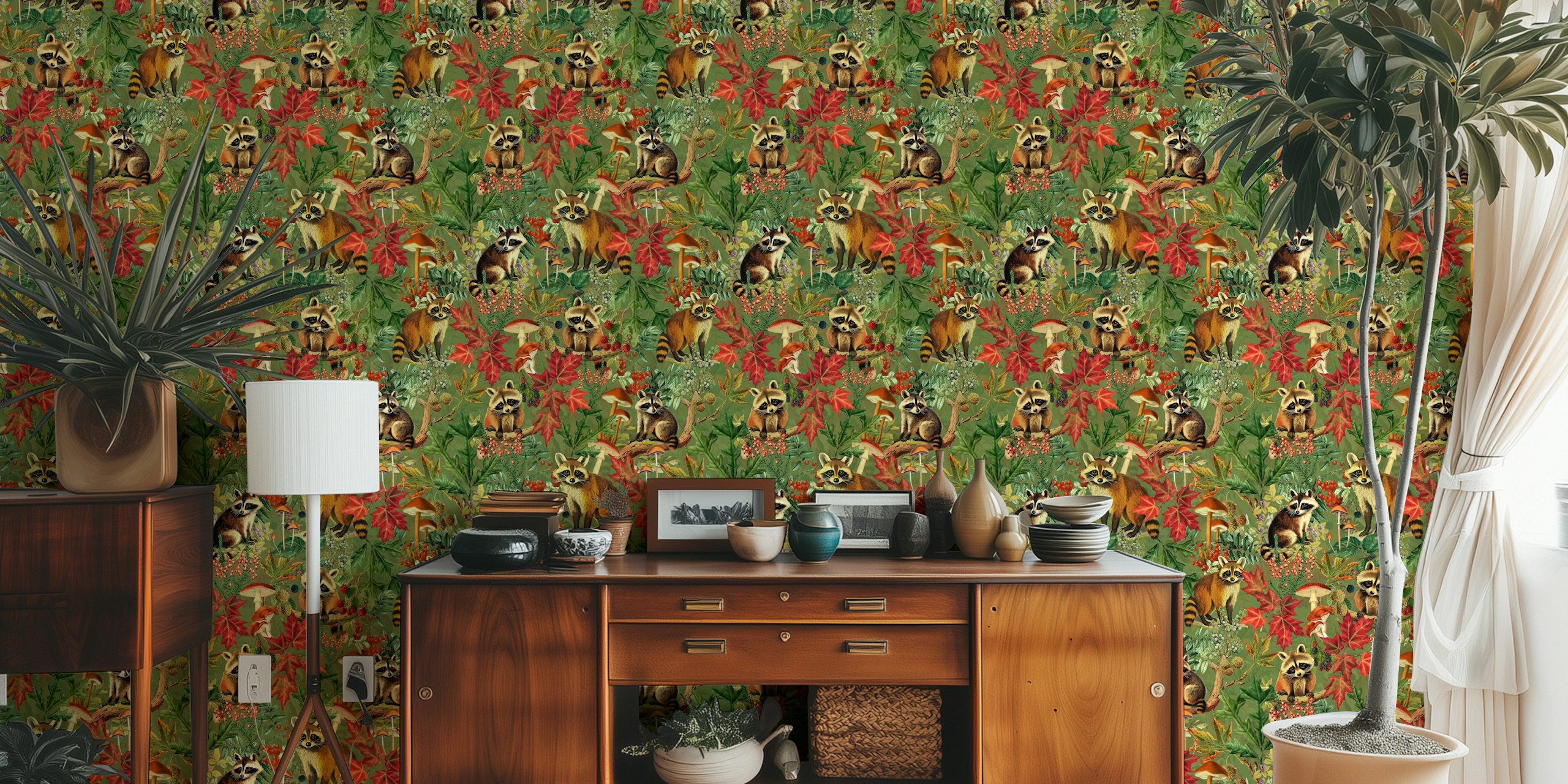 Raccoons in a forest with autumn leaves wall mural