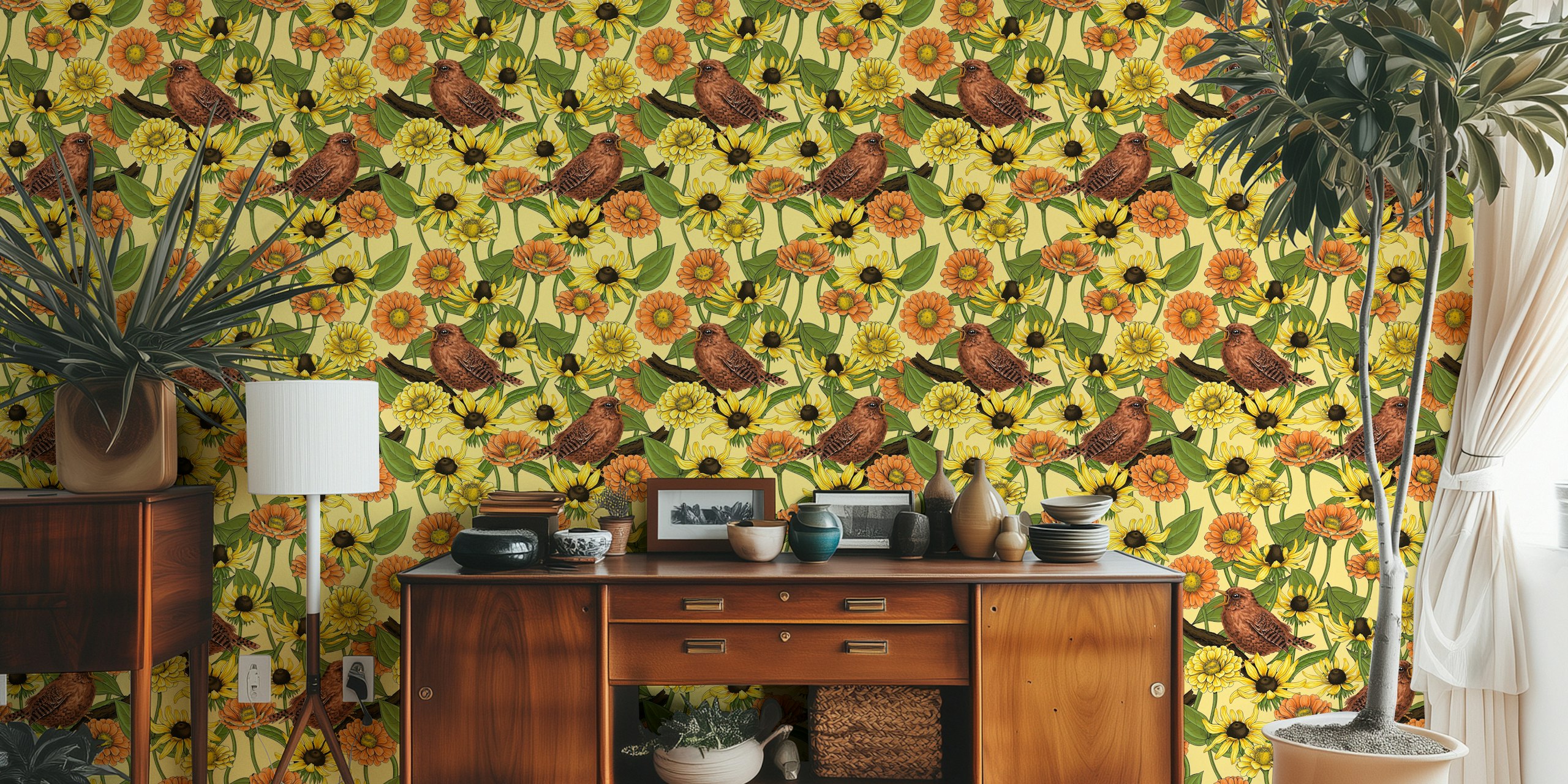 Wrens and colorful flowers on pale yellow background wallpaper
