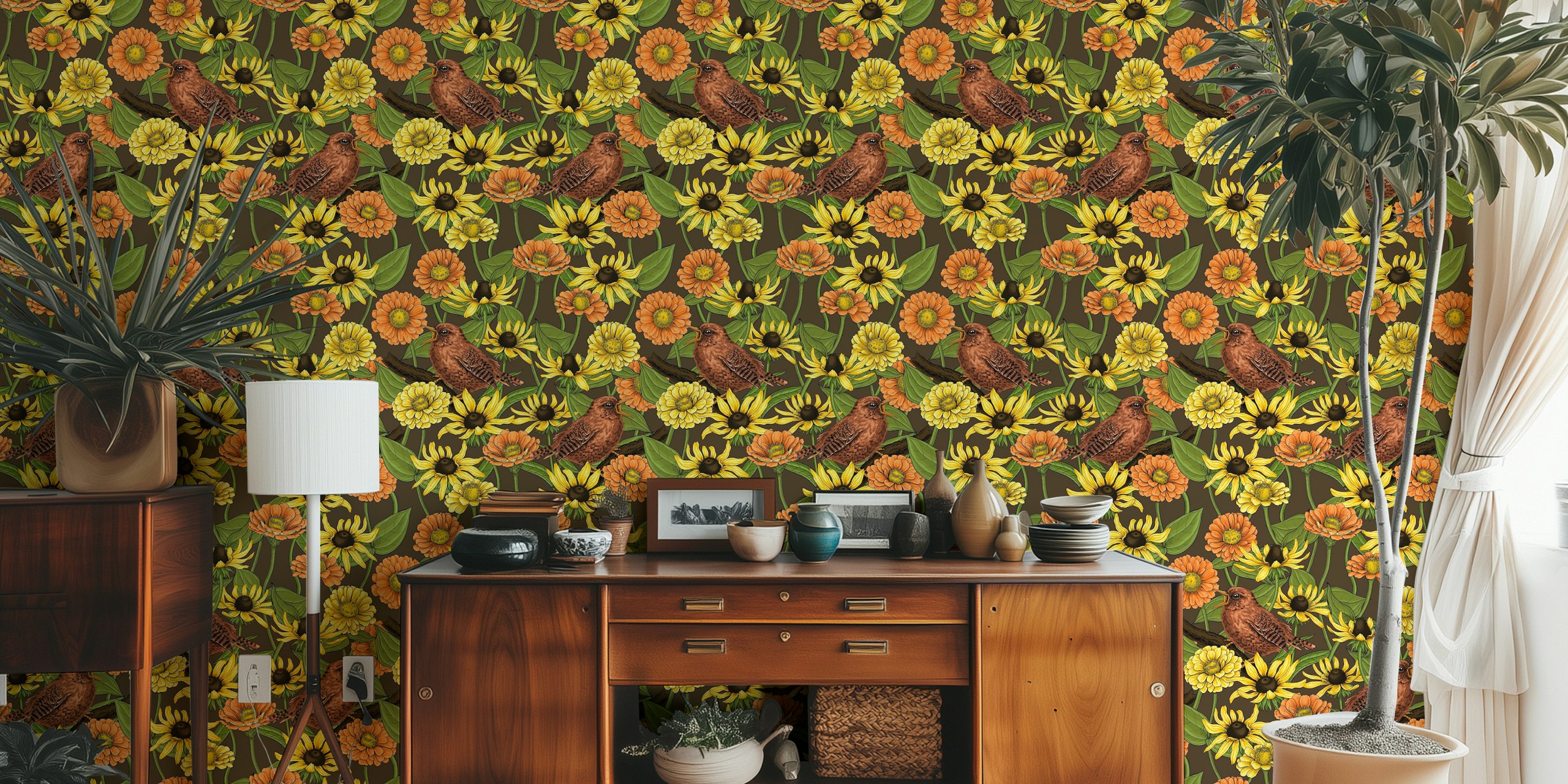 Wrens and flowers wallpaper decor