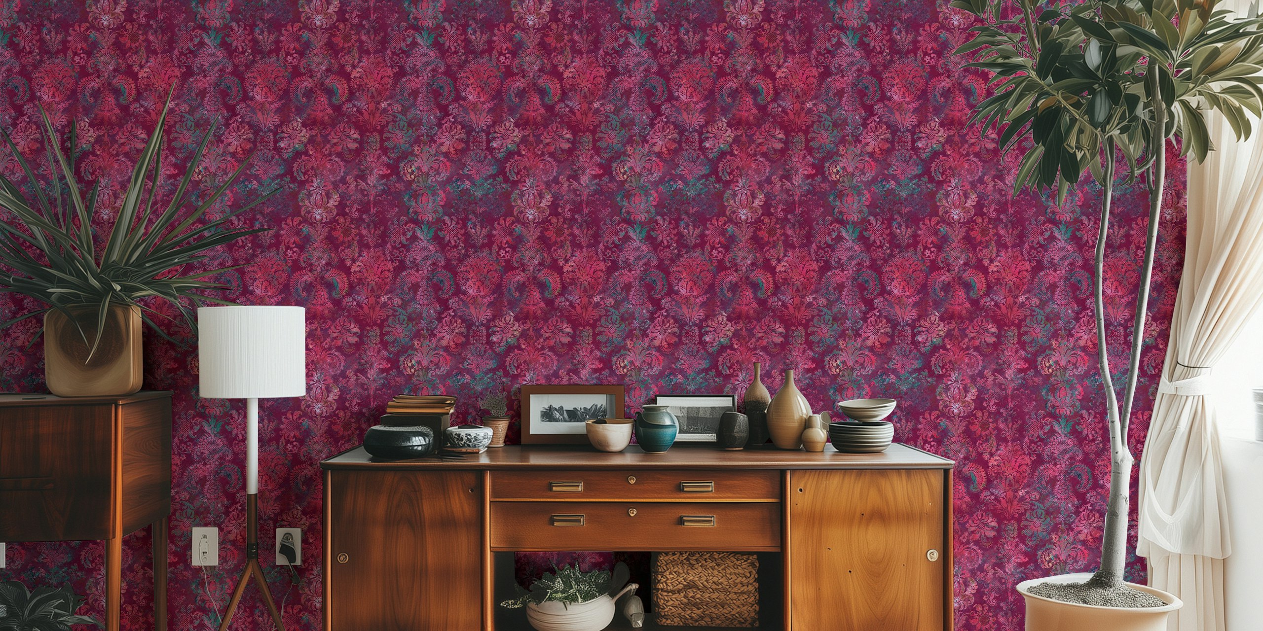 Grunge Damask Pattern in Burgundy Emerald