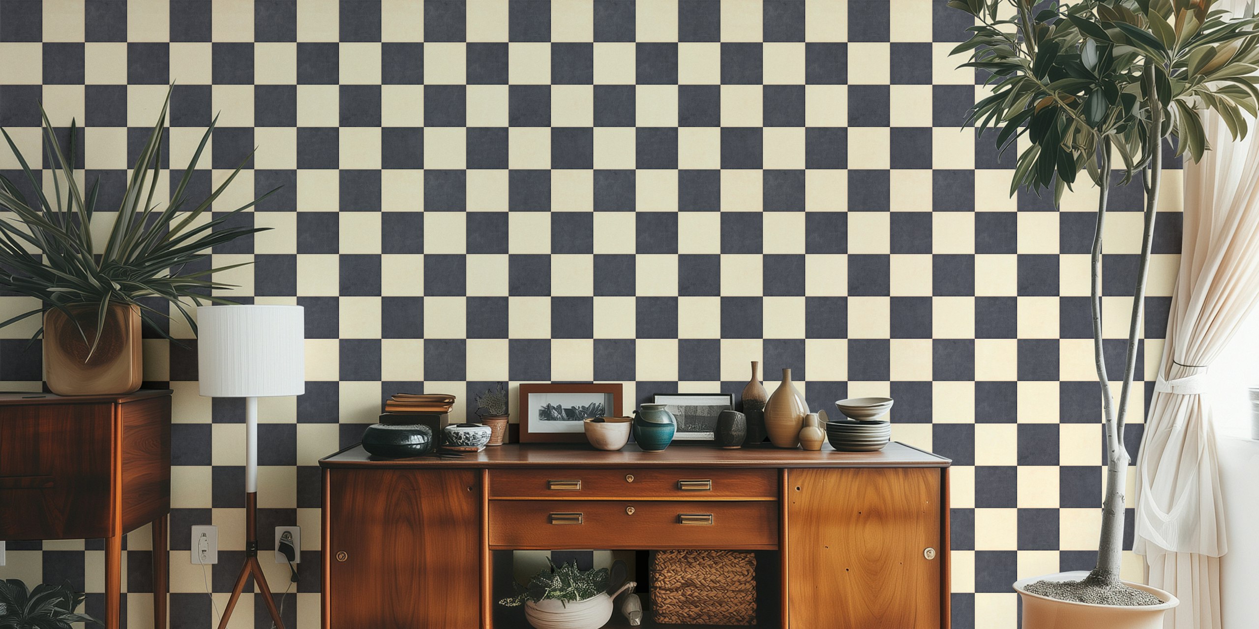 Checkerboard pattern in black and beige wallpaper