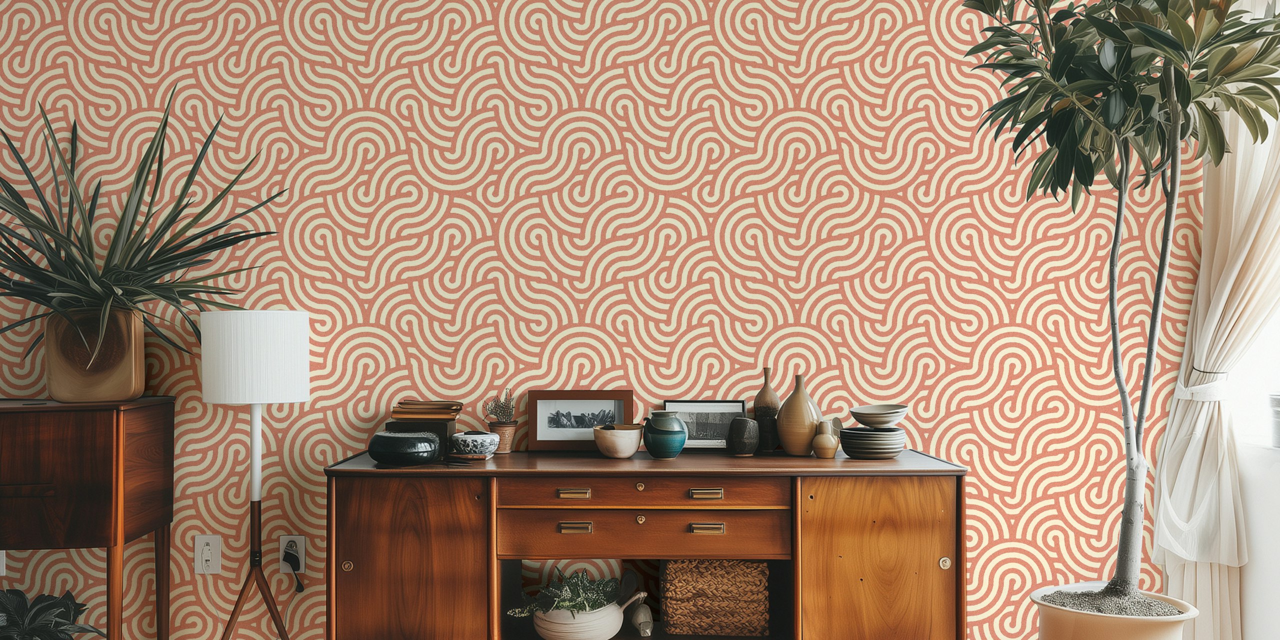 Abstract swirl pattern in cinnamon and cream colors wallpaper