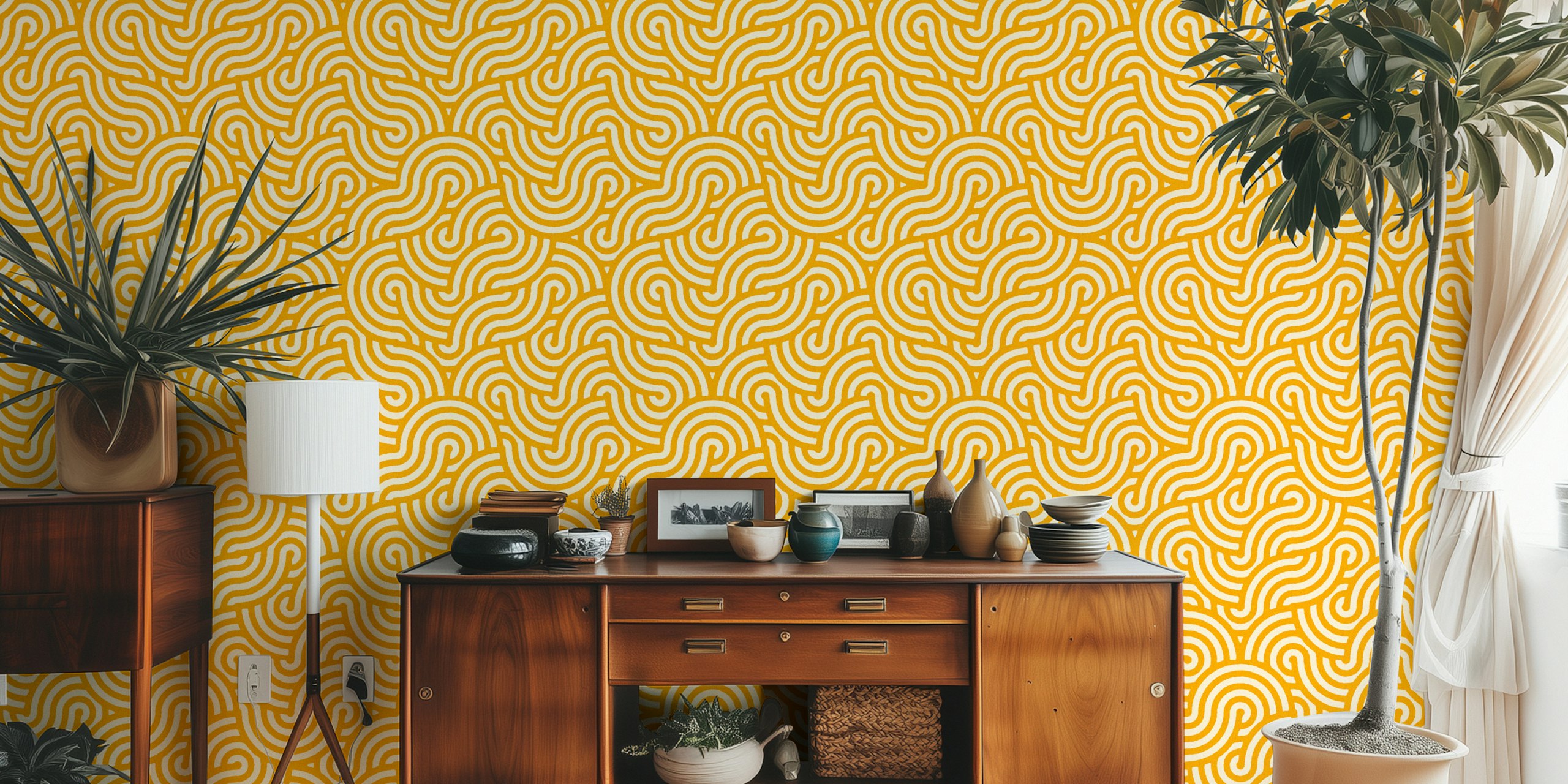 Curved swirl patterns in yellow and white wallpaper