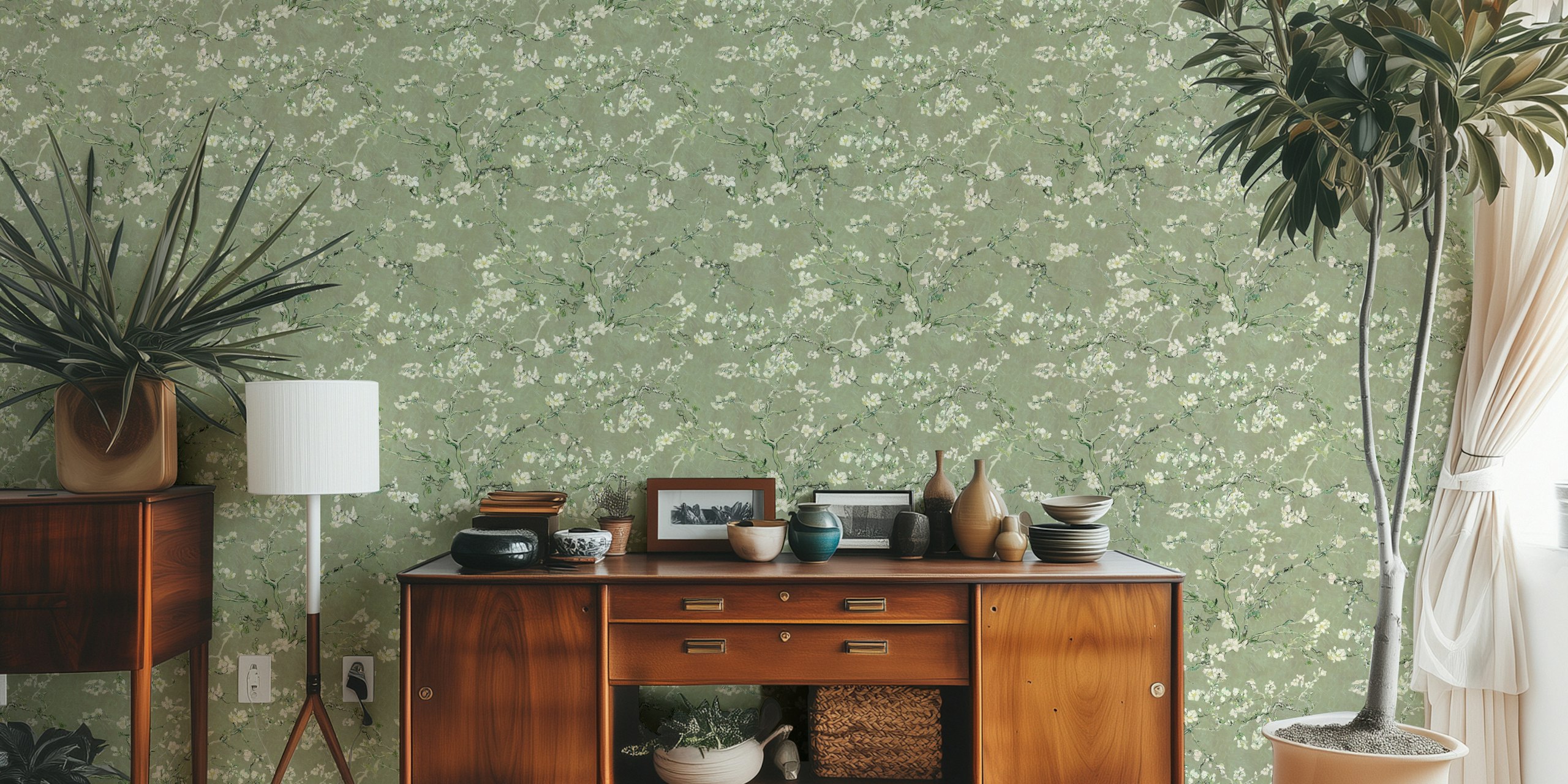 White almond blossoms on sage green background wallpaper