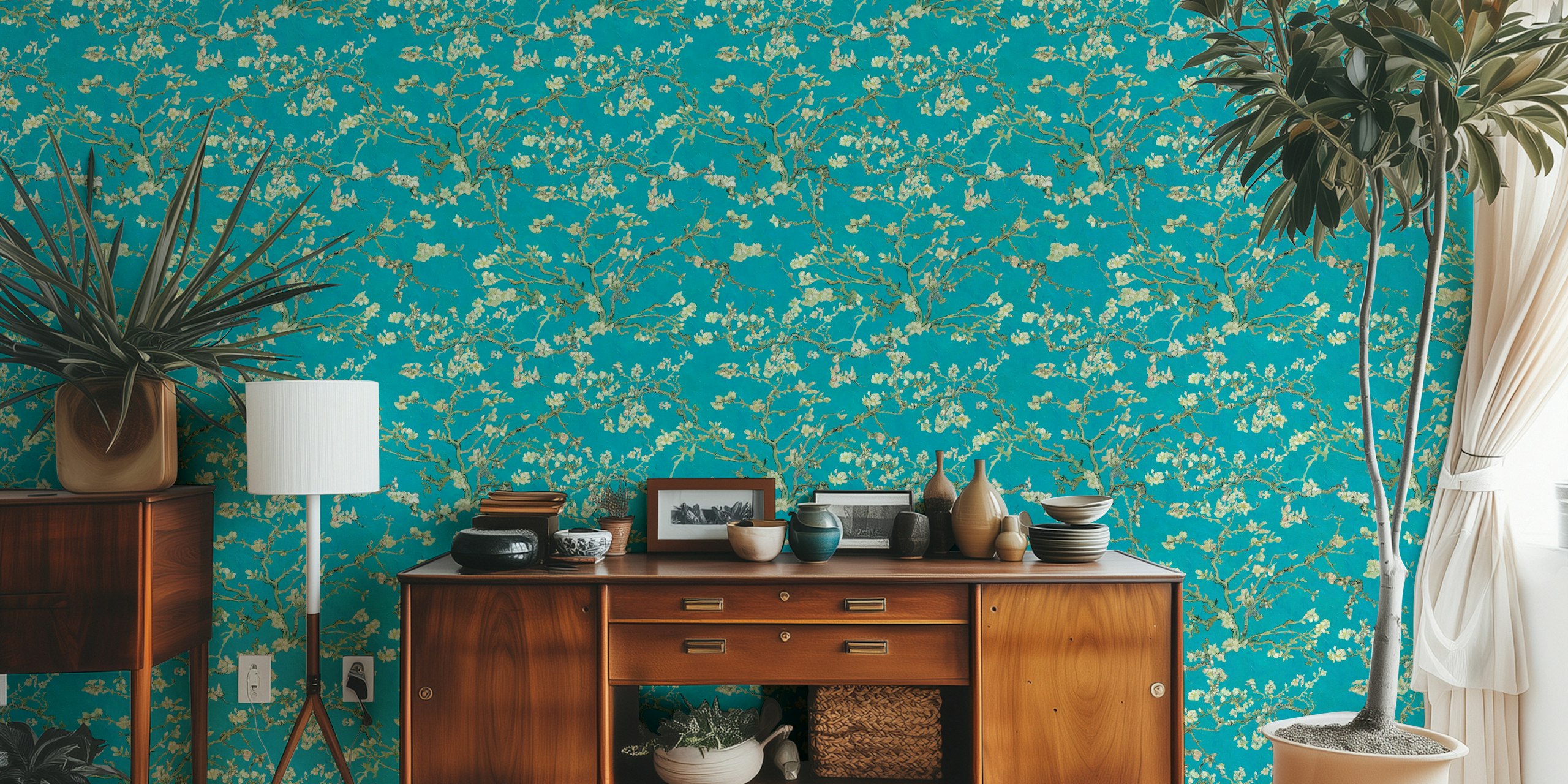 Almond blossom art by Van Gogh on a teal blue background with sage and olive green accents for wall mural