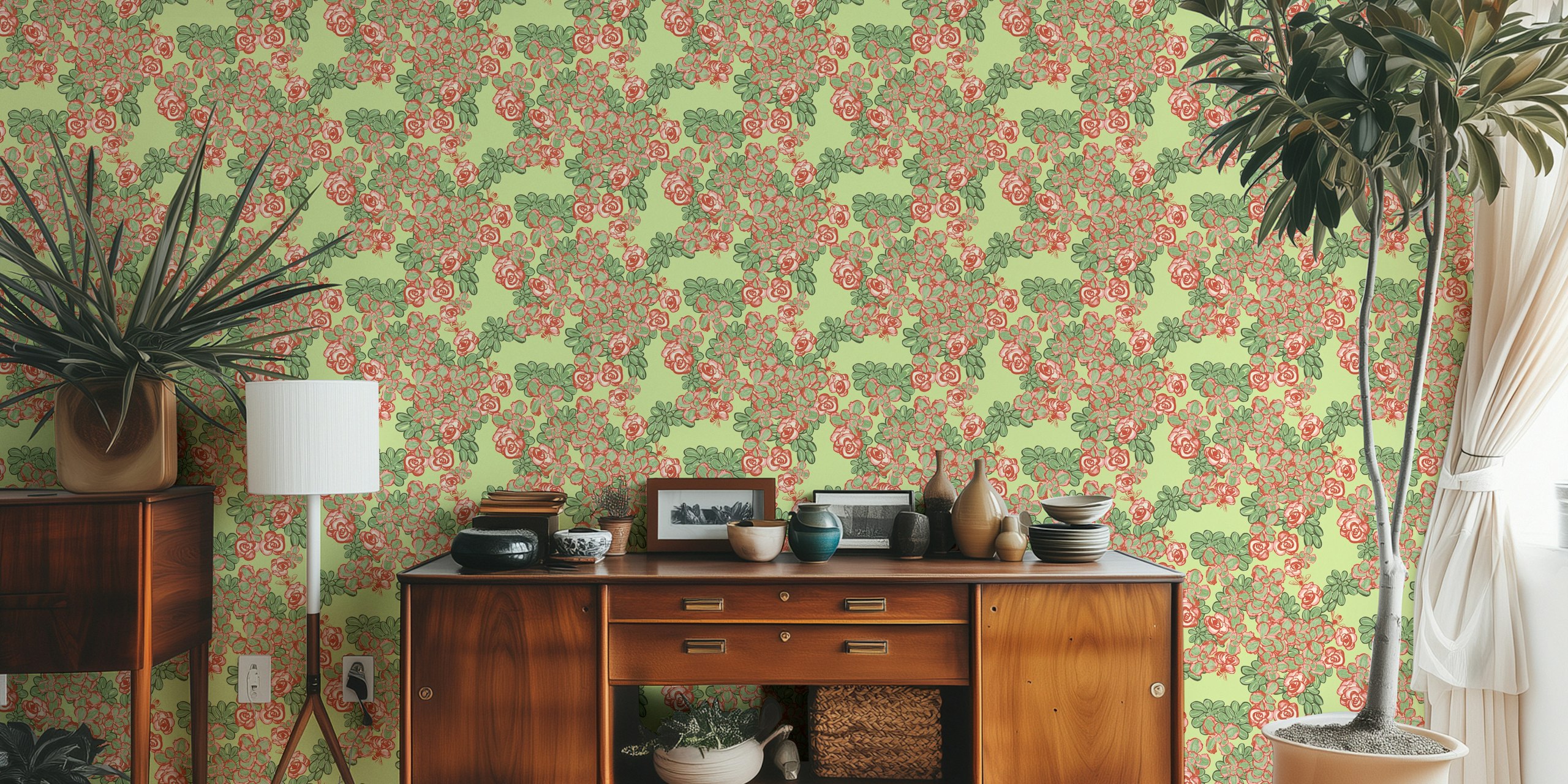 Floral pattern with pink flowers and green leaves on light green background wallpaper