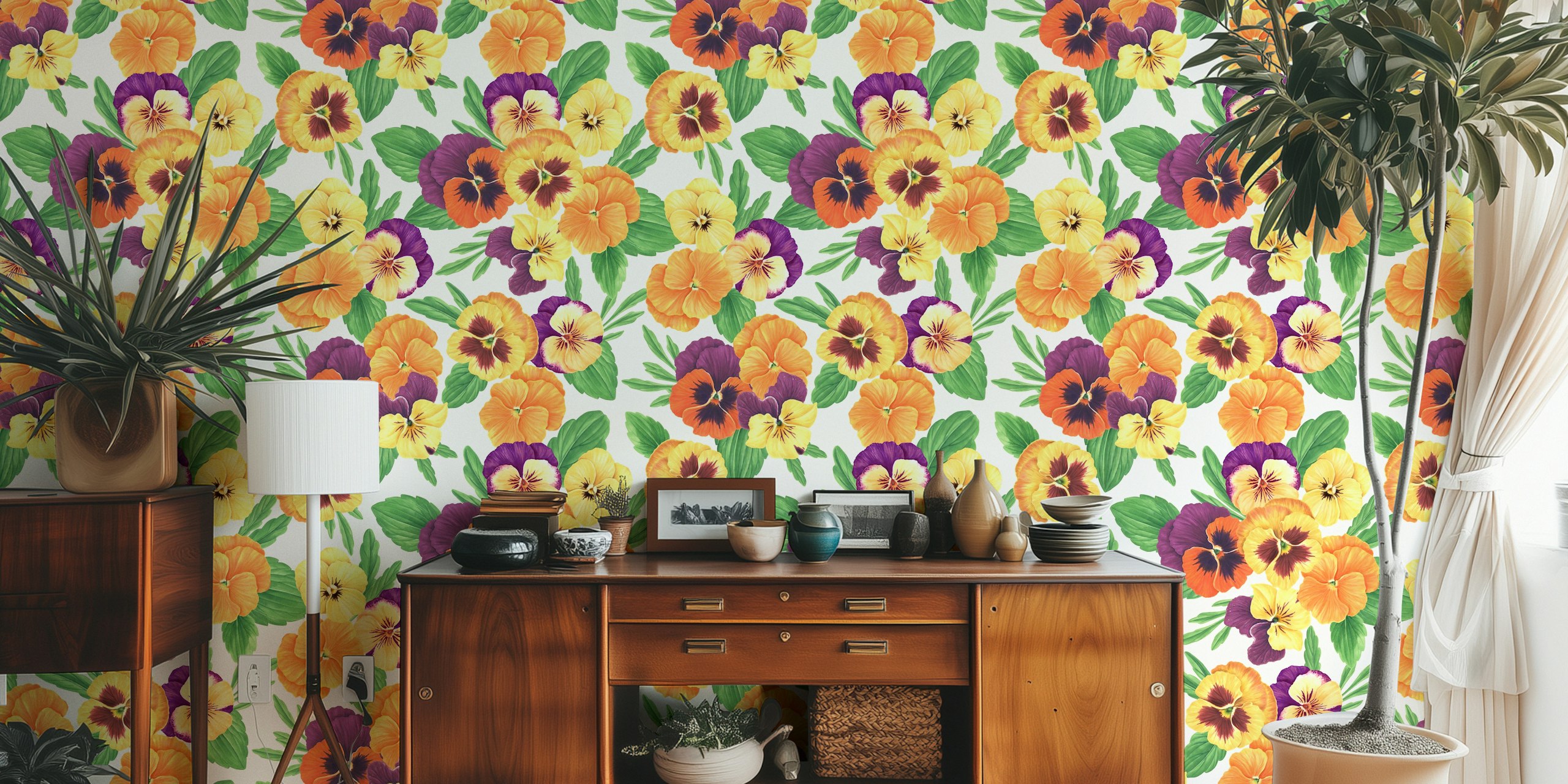 Pansy flowers in various colors with green leaves on off white wallpaper