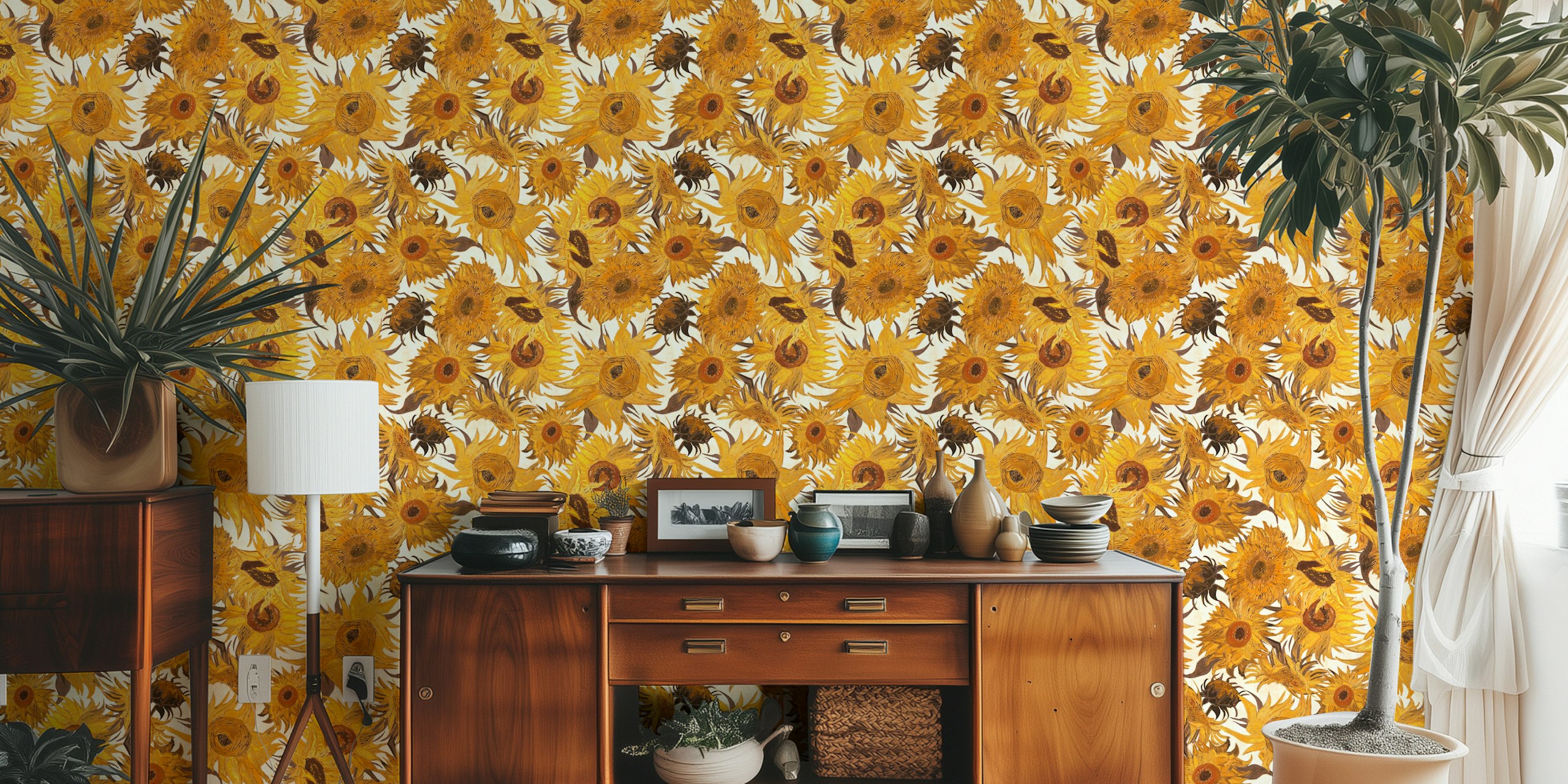 Van Gogh-inspired sunflowers pattern wall mural in cream, yellow, rust, and brown