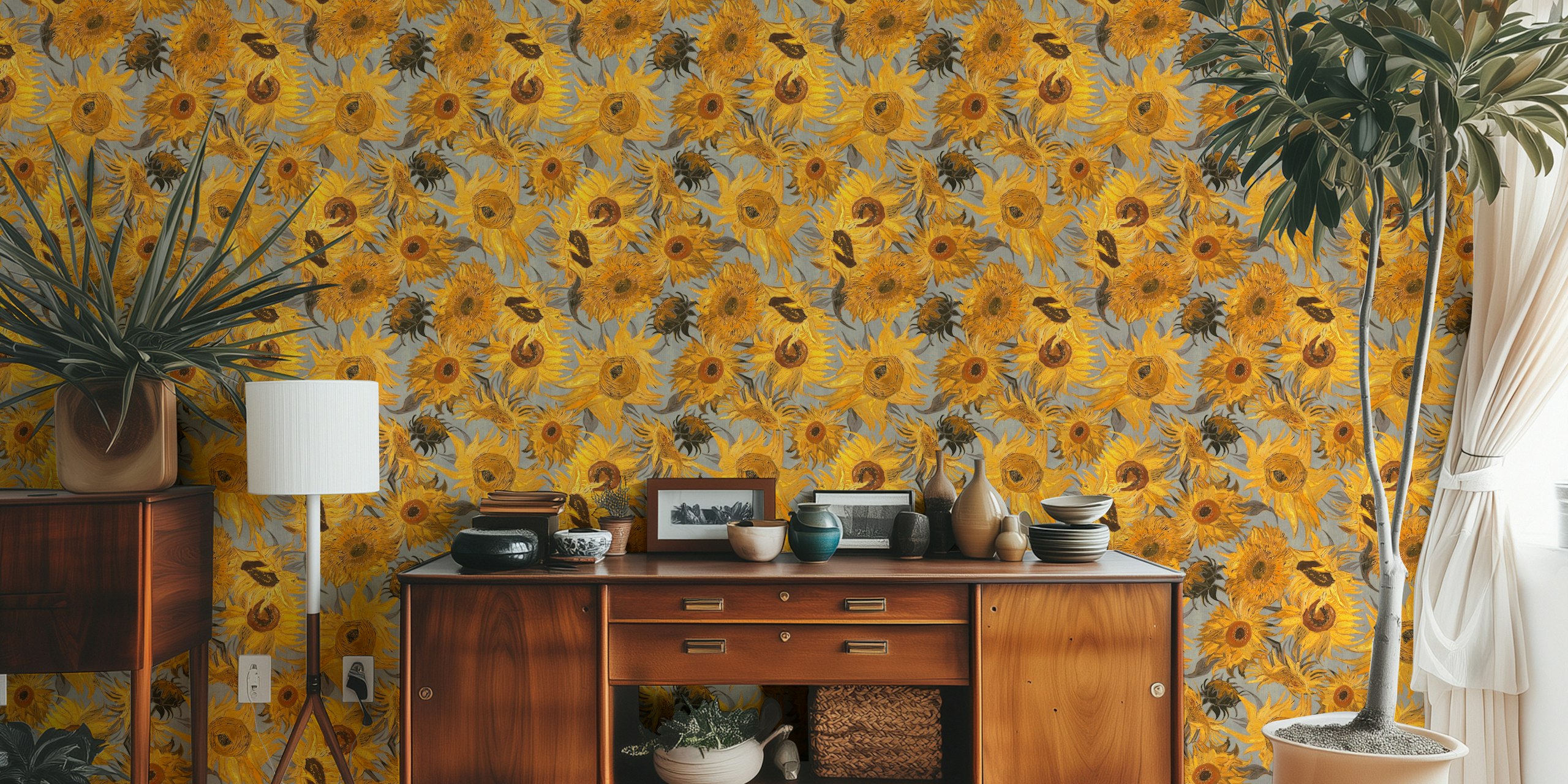 Van Gogh sunflower pattern wallpaper in a room