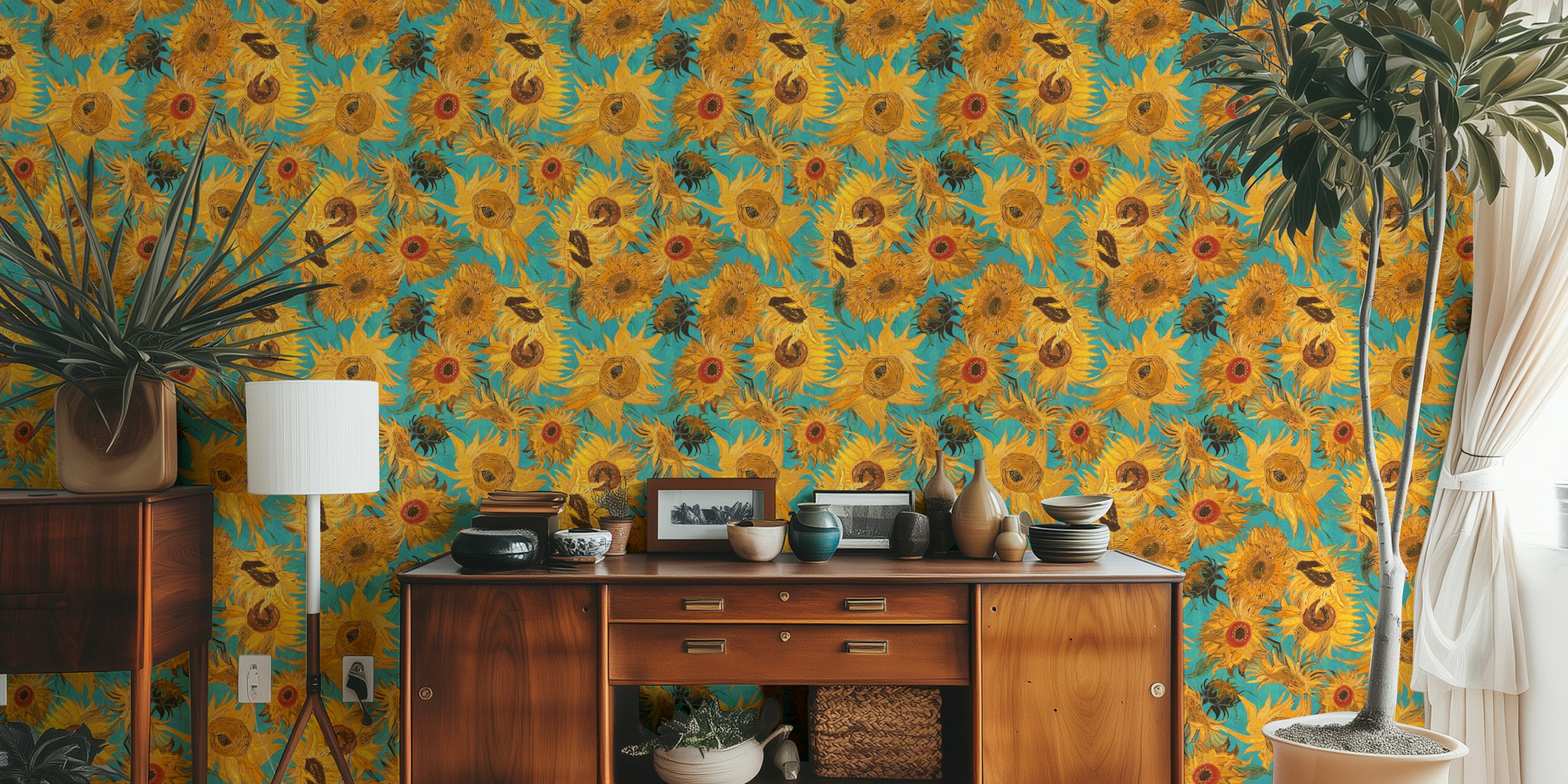 Van Gogh sunflowers wallpaper in a room
