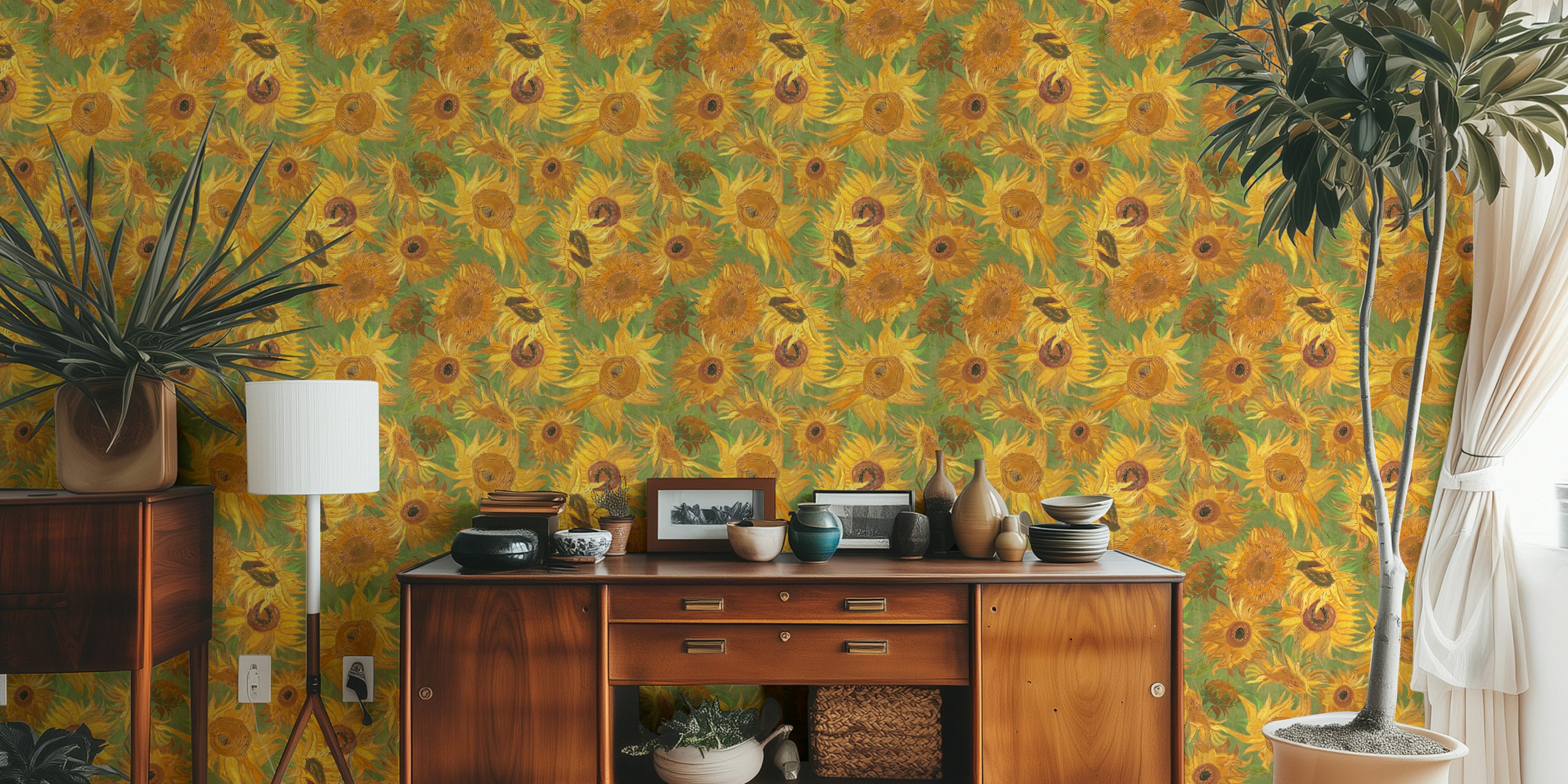 Tapeta Van Gogh sunflowers vystavená v pokoji