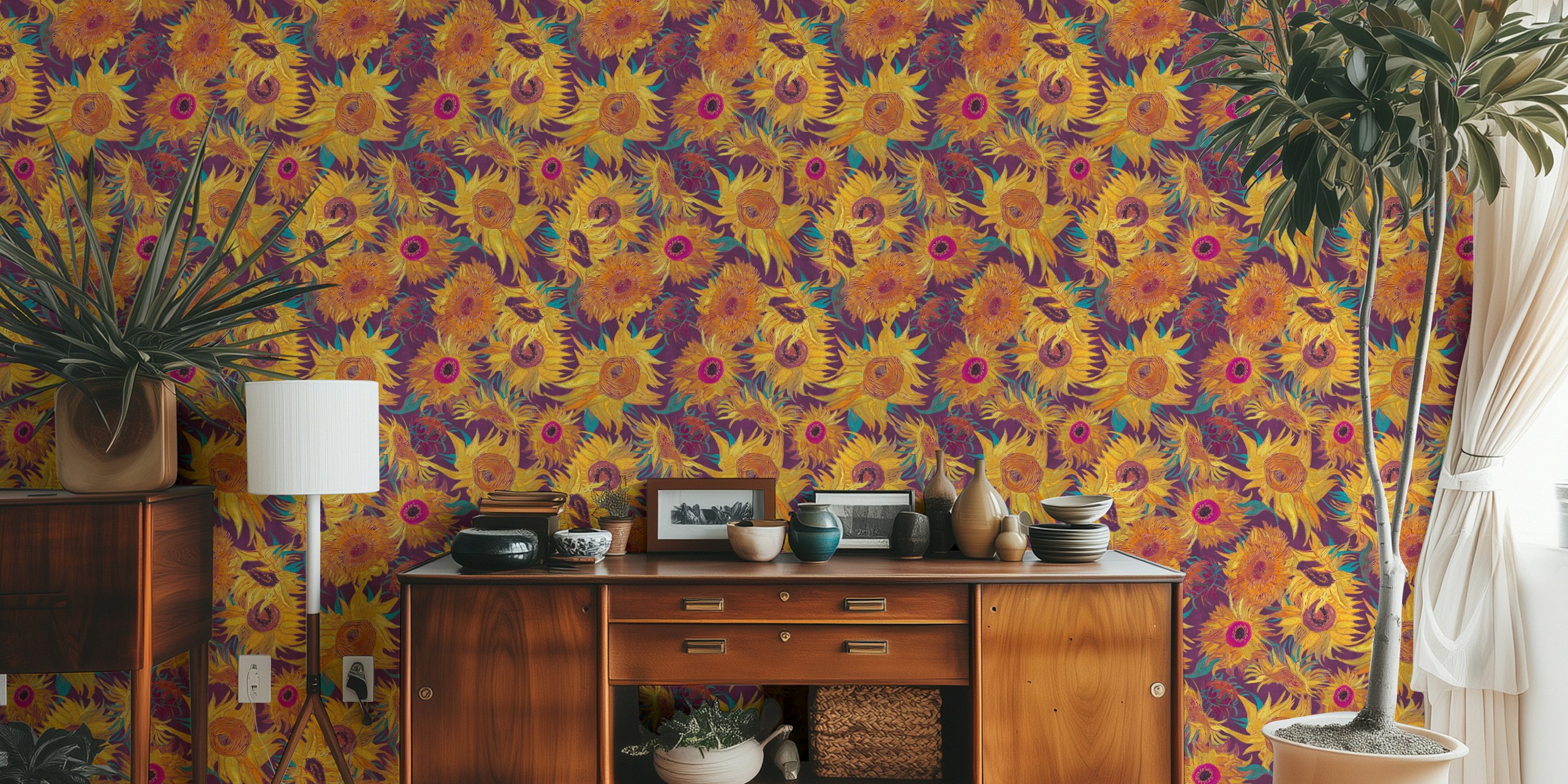Van Gogh sunflowers wallpaper in a room