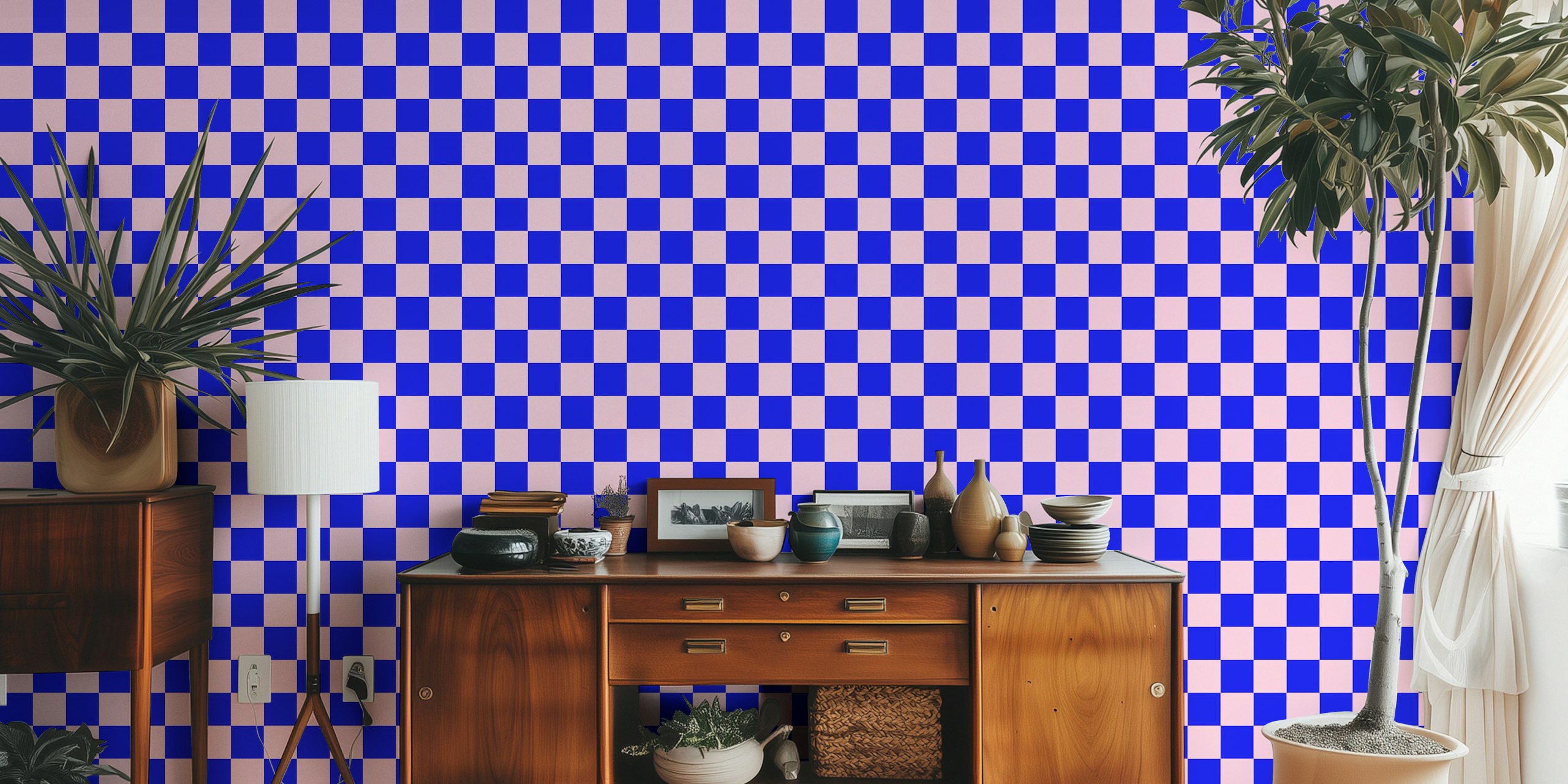 Pink and blue checker wallpaper in a room