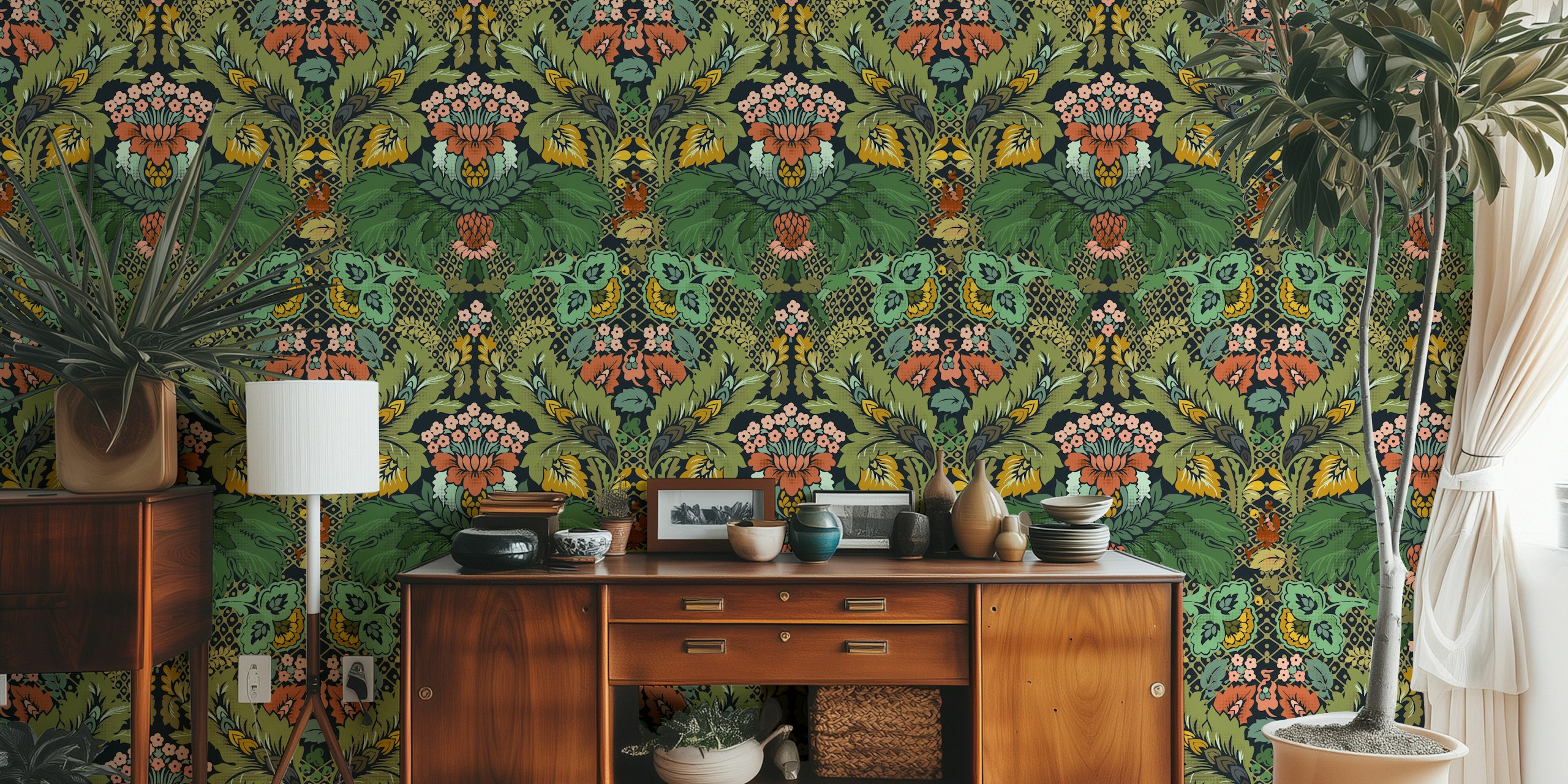 Victorian flower damask mörkblå tapet i ett rum