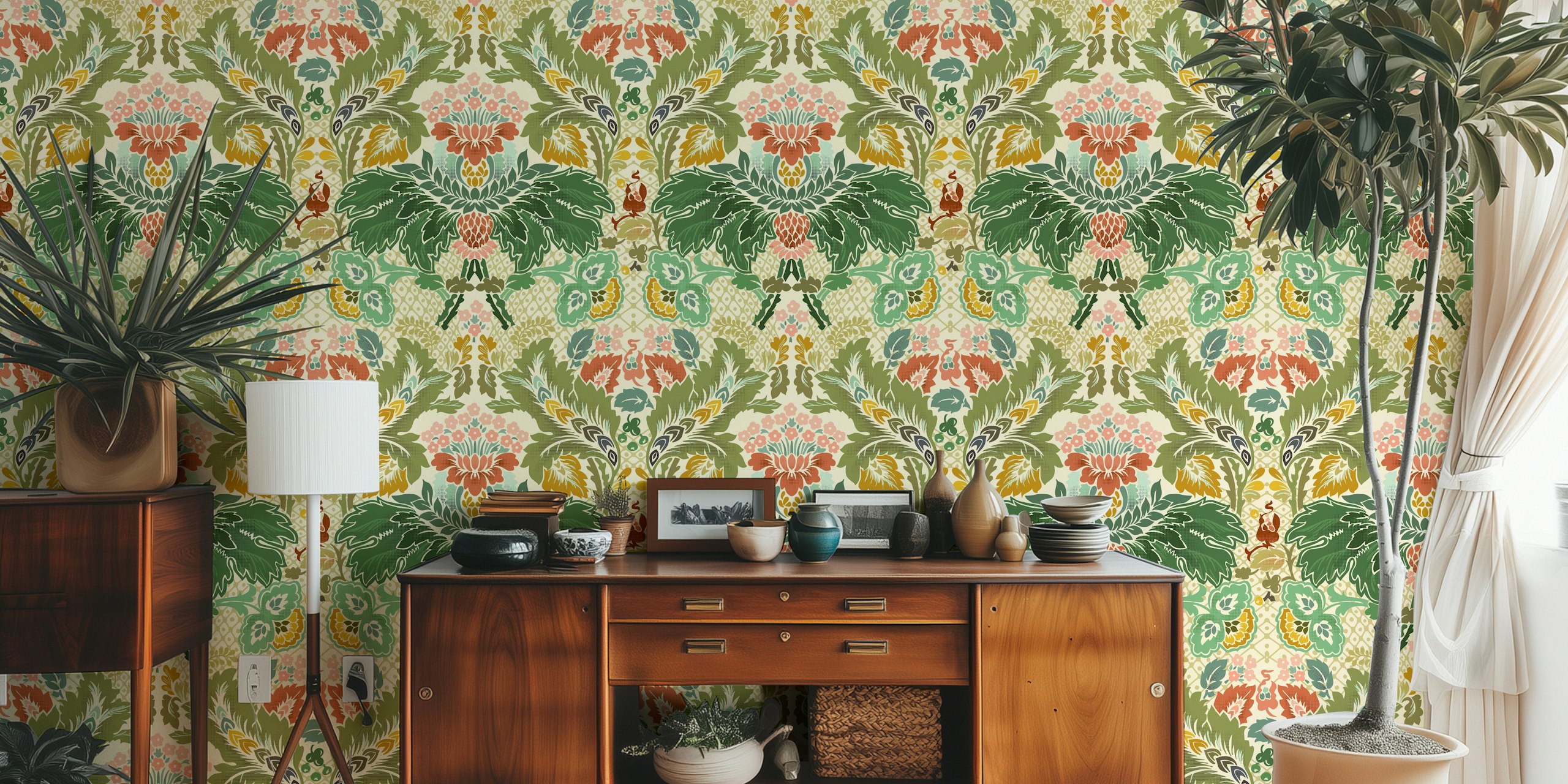 Vintage floral damask pattern in green and pink on ivory wallpaper