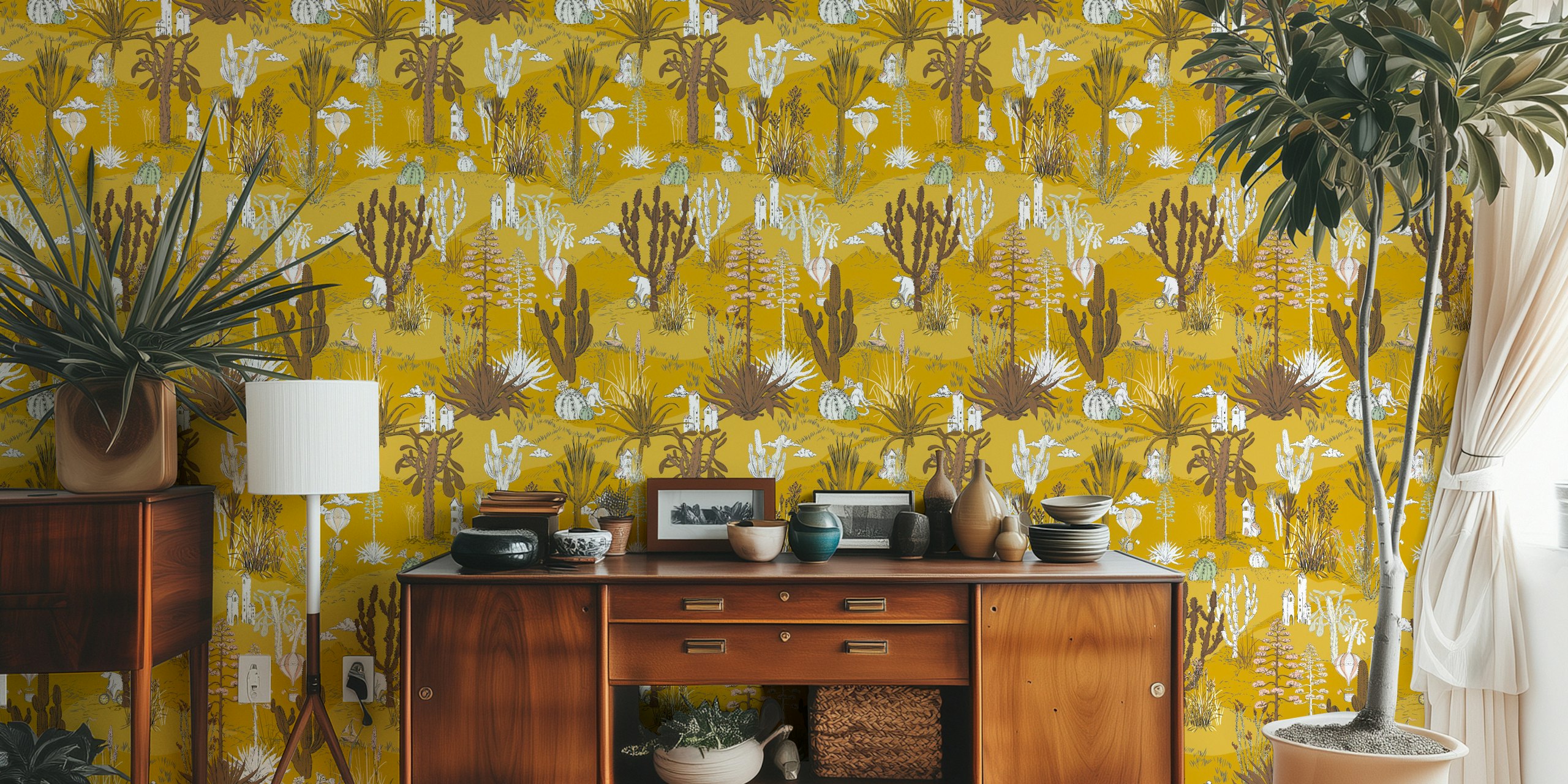 Whimsical cactus landscape wallpaper in mustard yellow