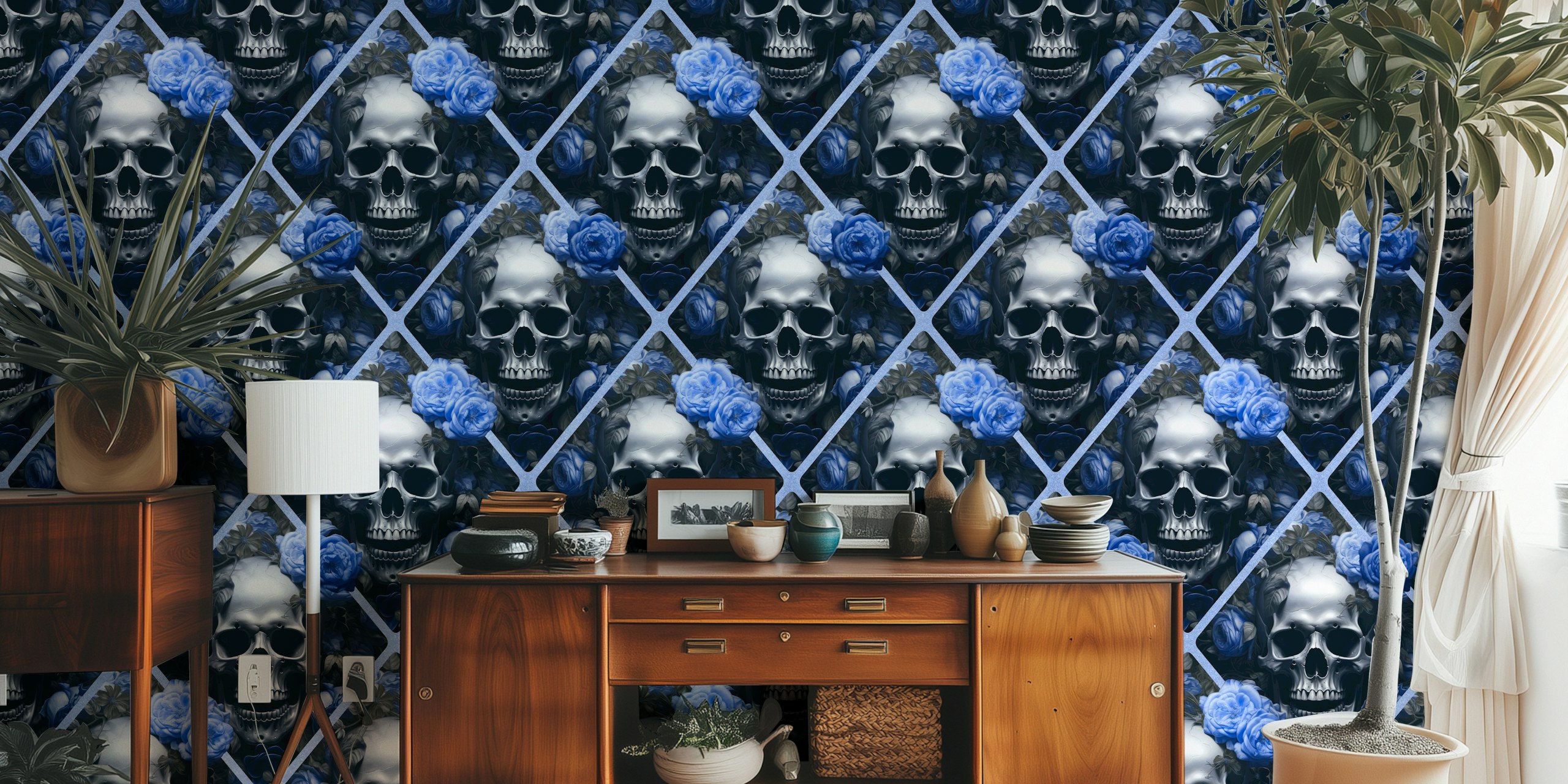 Skulls and roses wallpaper in a room
