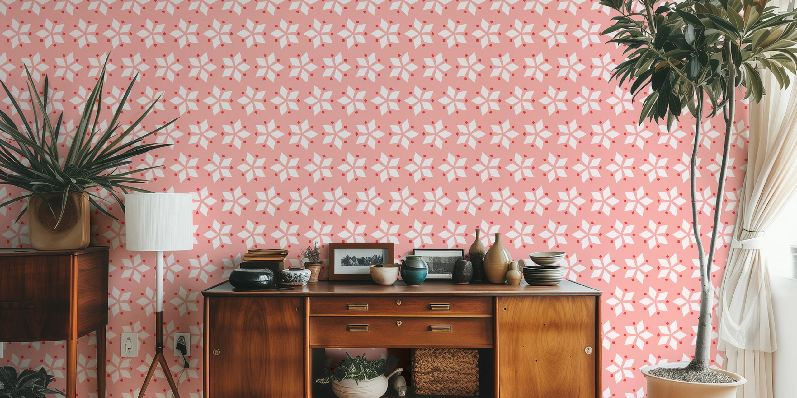 Coral pink mosaic pattern wall mural with geometric floral designs