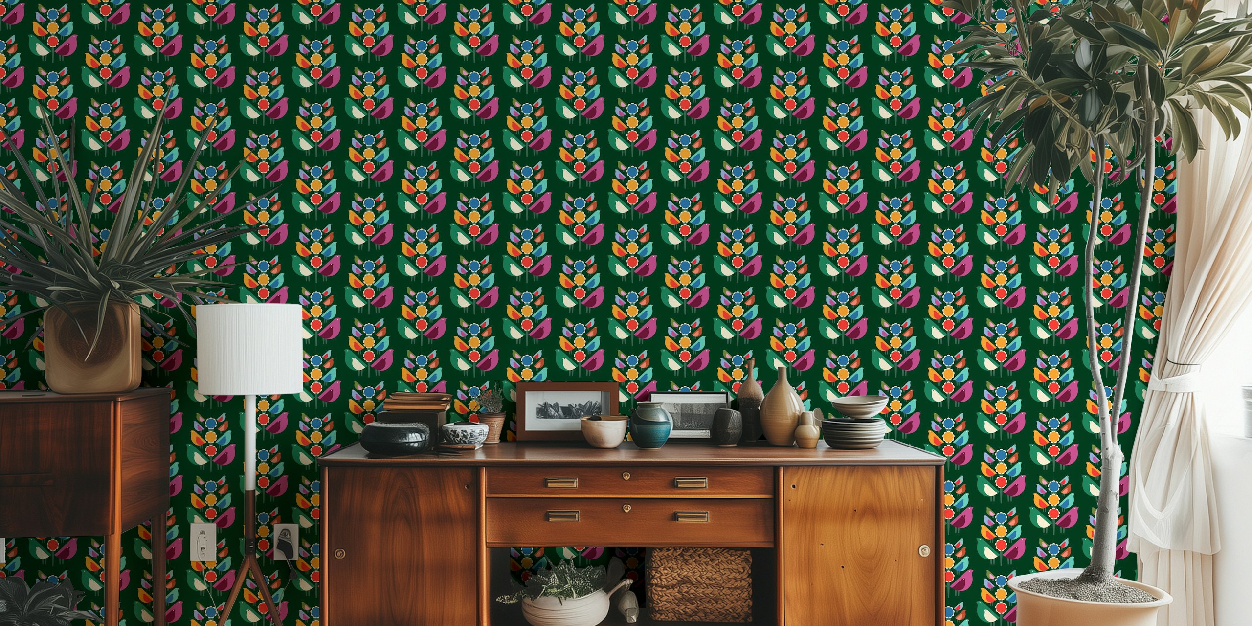 Mid Century Bird Blooms tapet i et rom