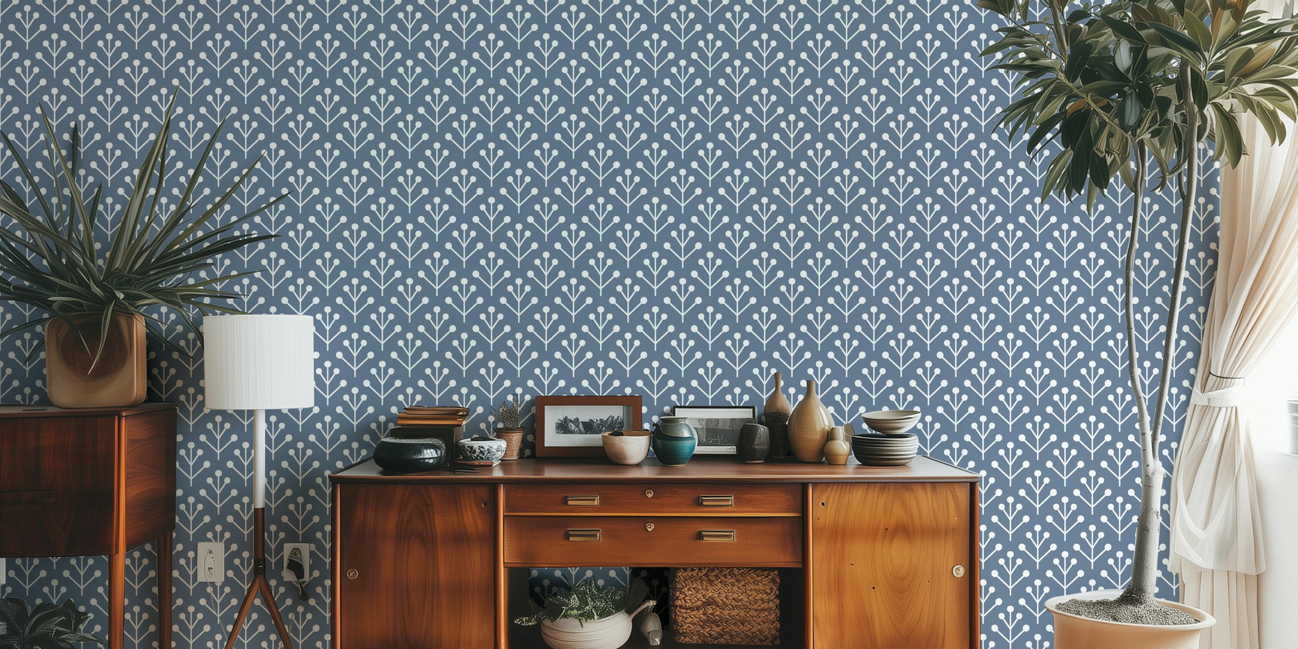 Berry twig pattern on dark blue background wallpaper