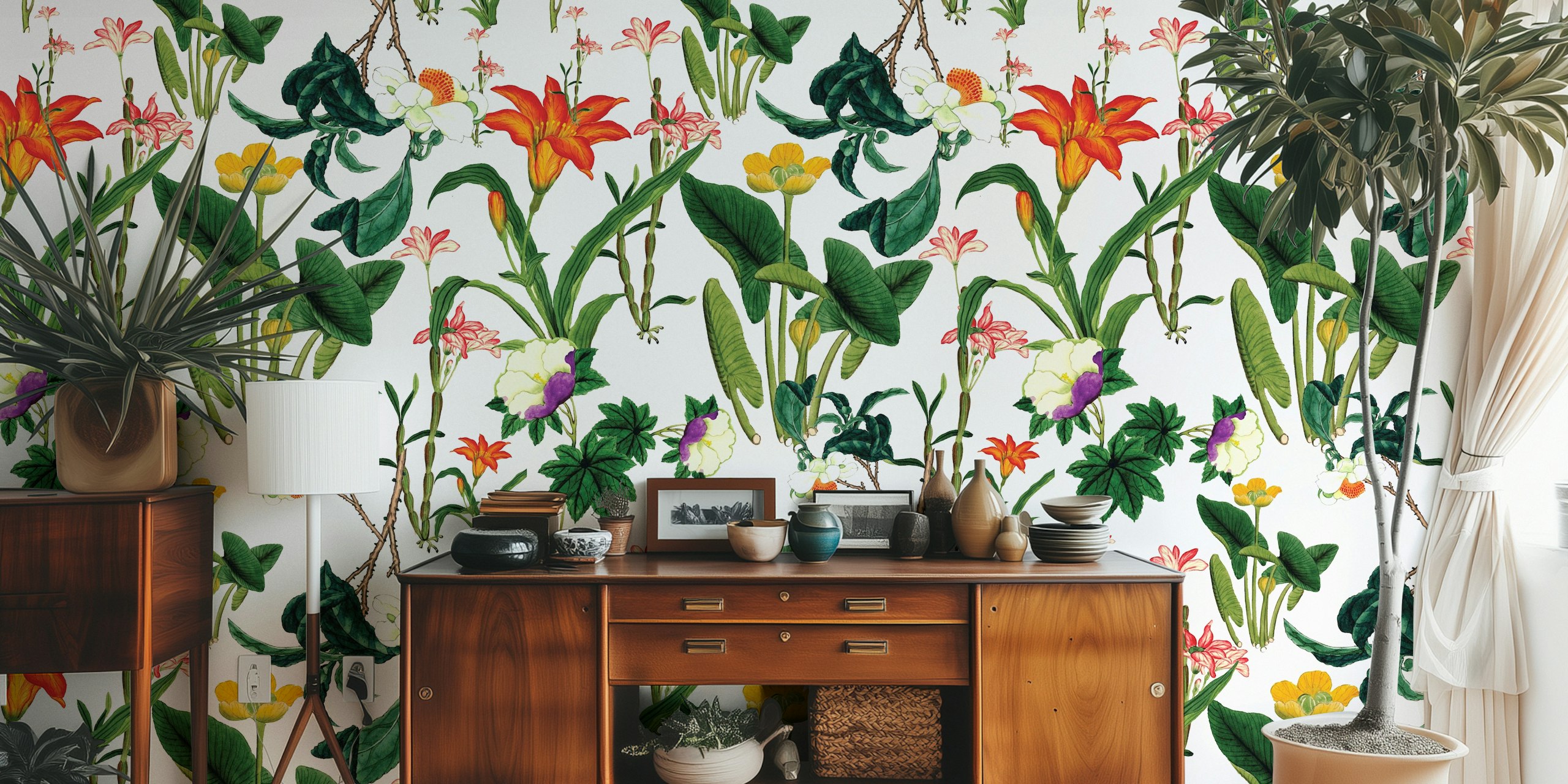 Botanical floral wallpaper featuring various flowers and green leaves on a white background.