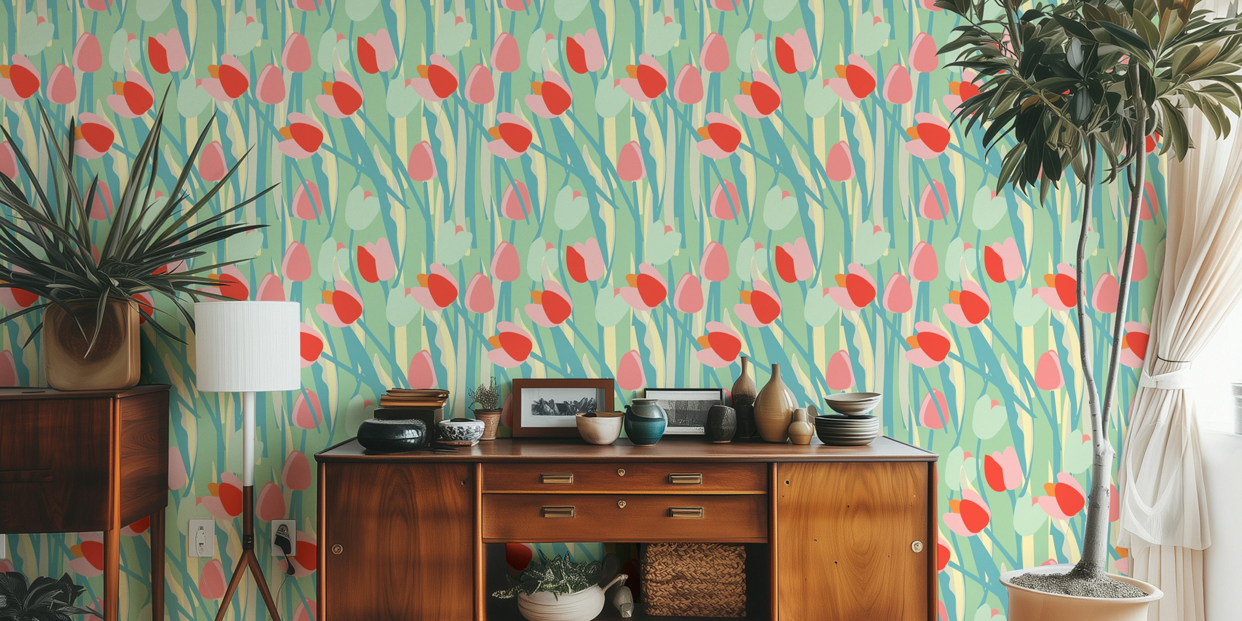 Triumphant Tulips wallpaper in a room