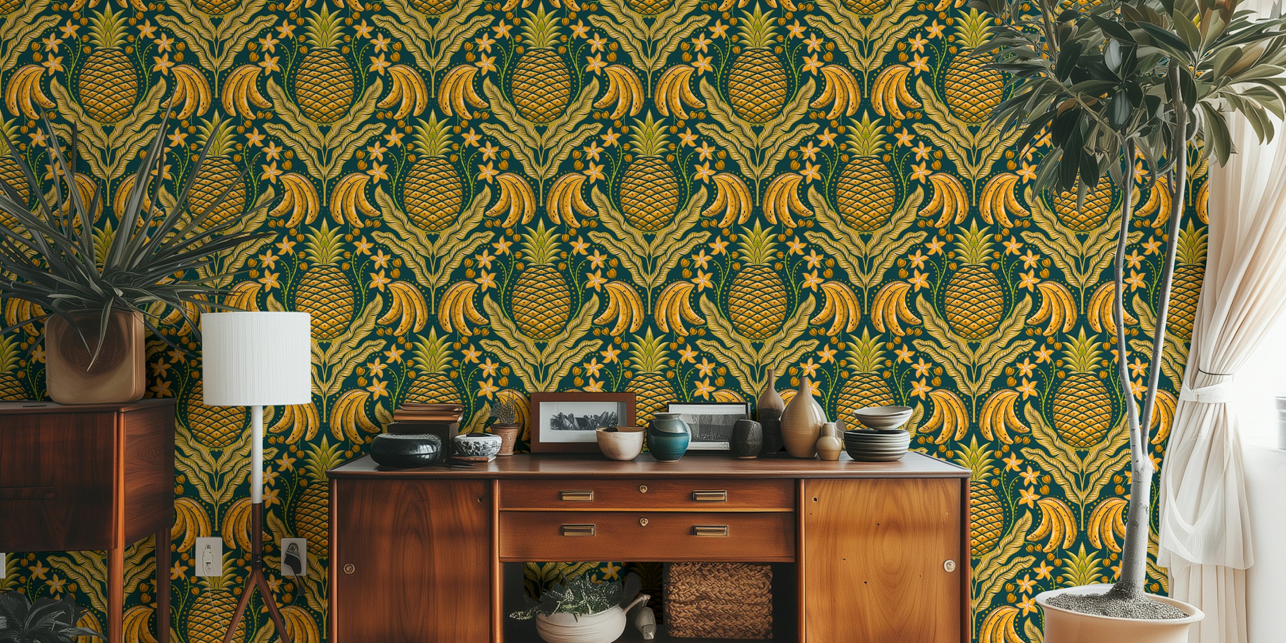 Tropical fruits damask wallpaper in a room