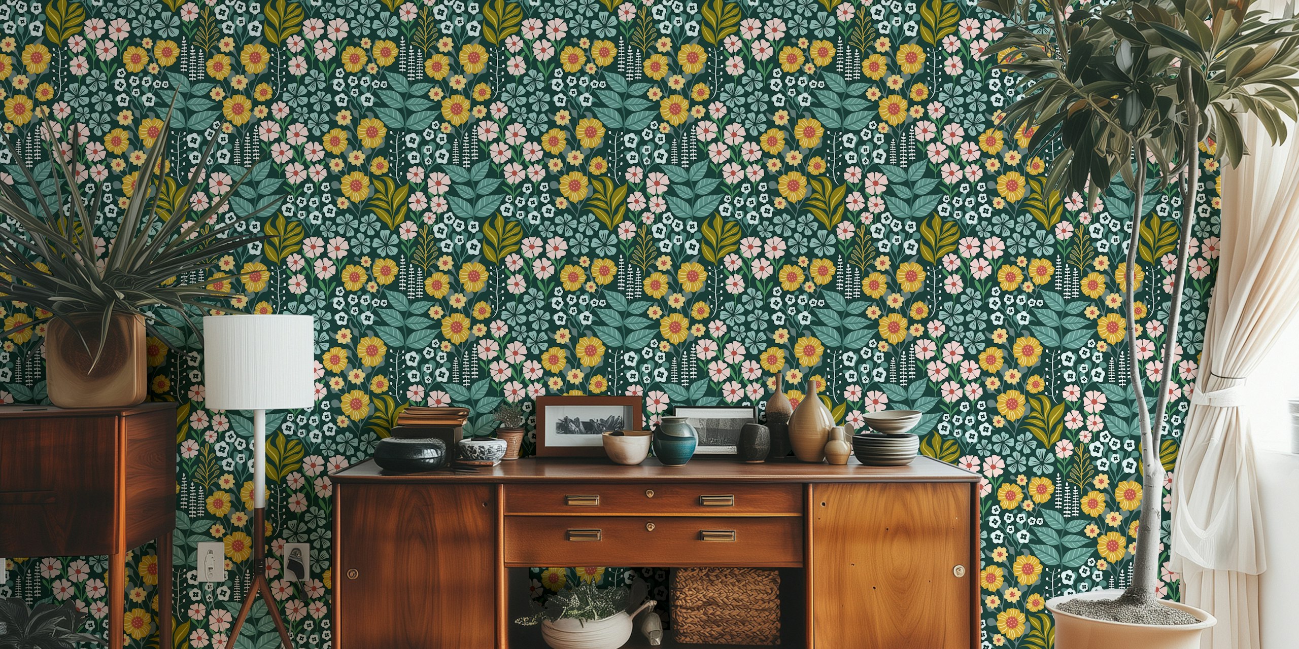 Midnight botanical floral garden dark green wallpaper