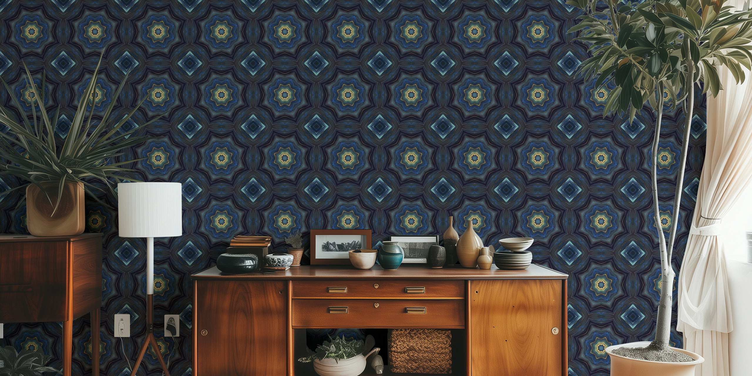 Artisanal Mediterranean Tile Blue Gold wall mural with intricate patterns