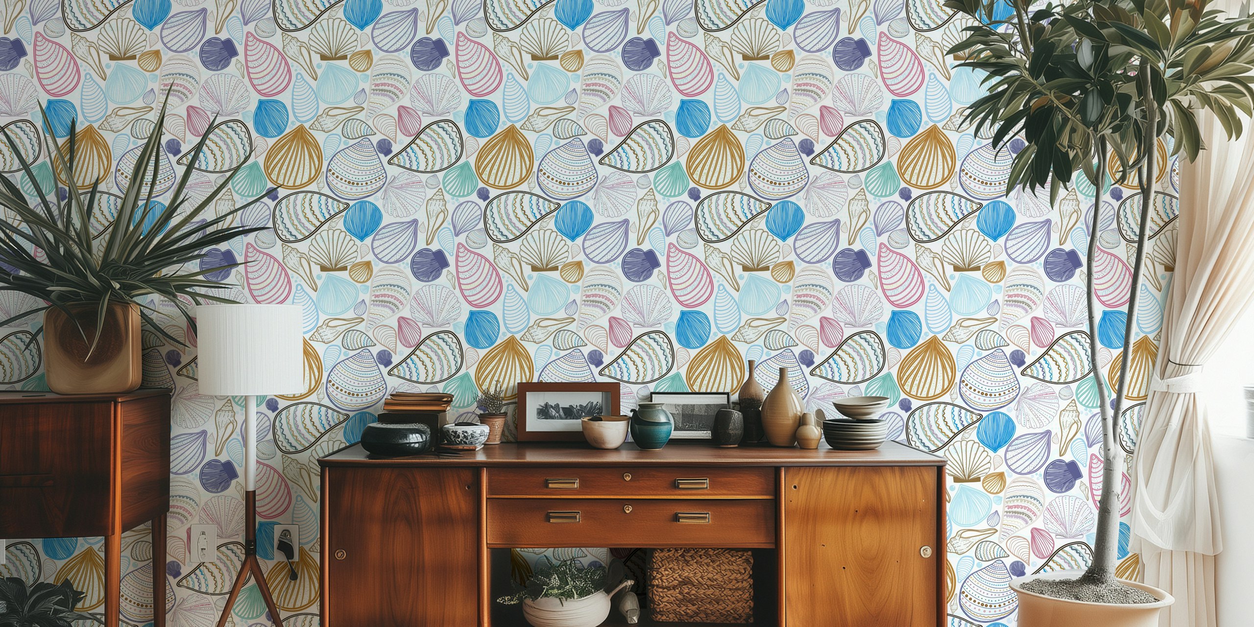 Colorful seashells in various shapes and patterns wallpaper