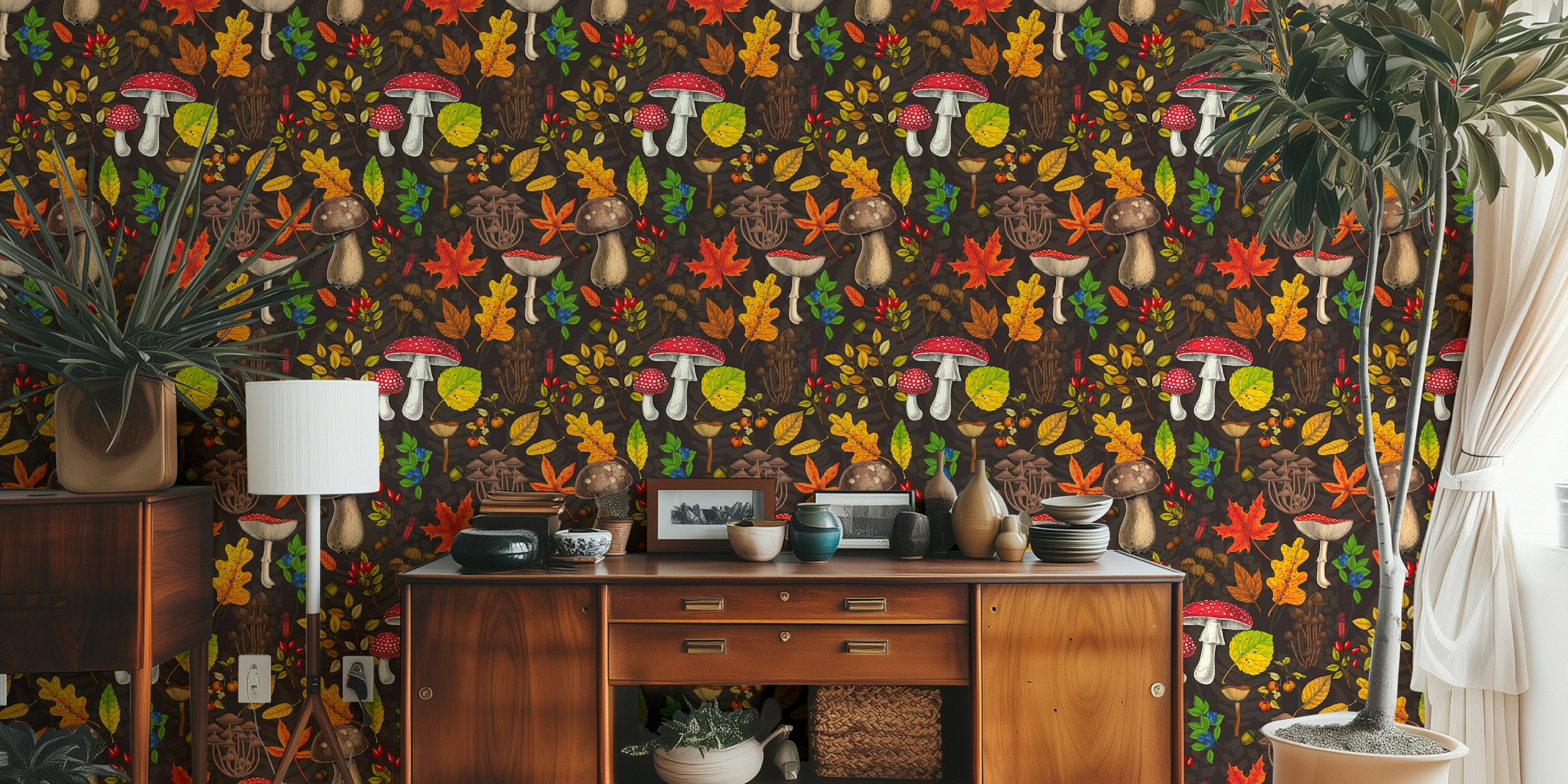 Autumn-themed wall mural with mushrooms, fallen leaves, nuts, and berries on a dark brown background
