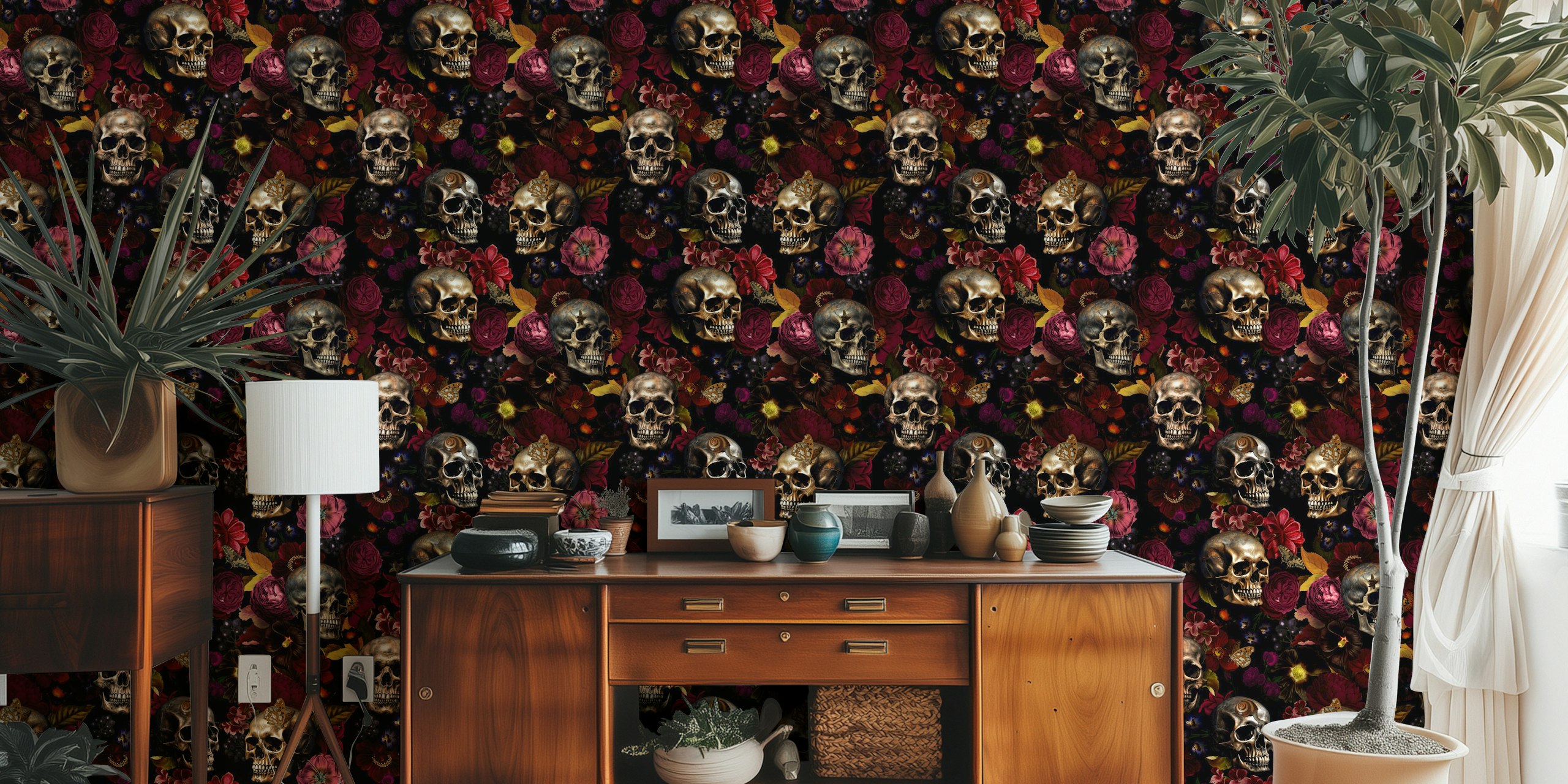 Moody dark gothic skull wallpaper in a room