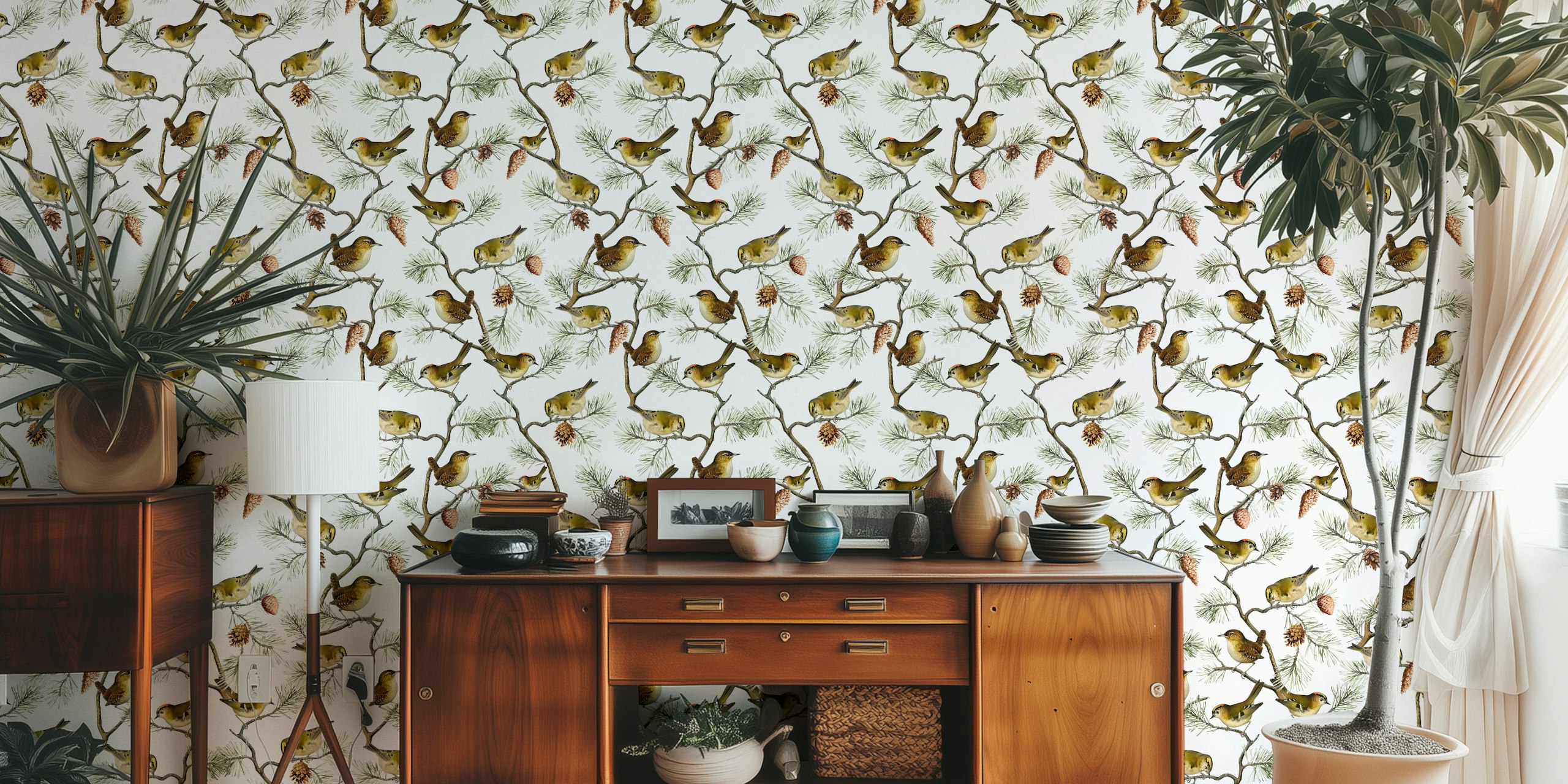 Vintage wallpaper design with birds and branches.