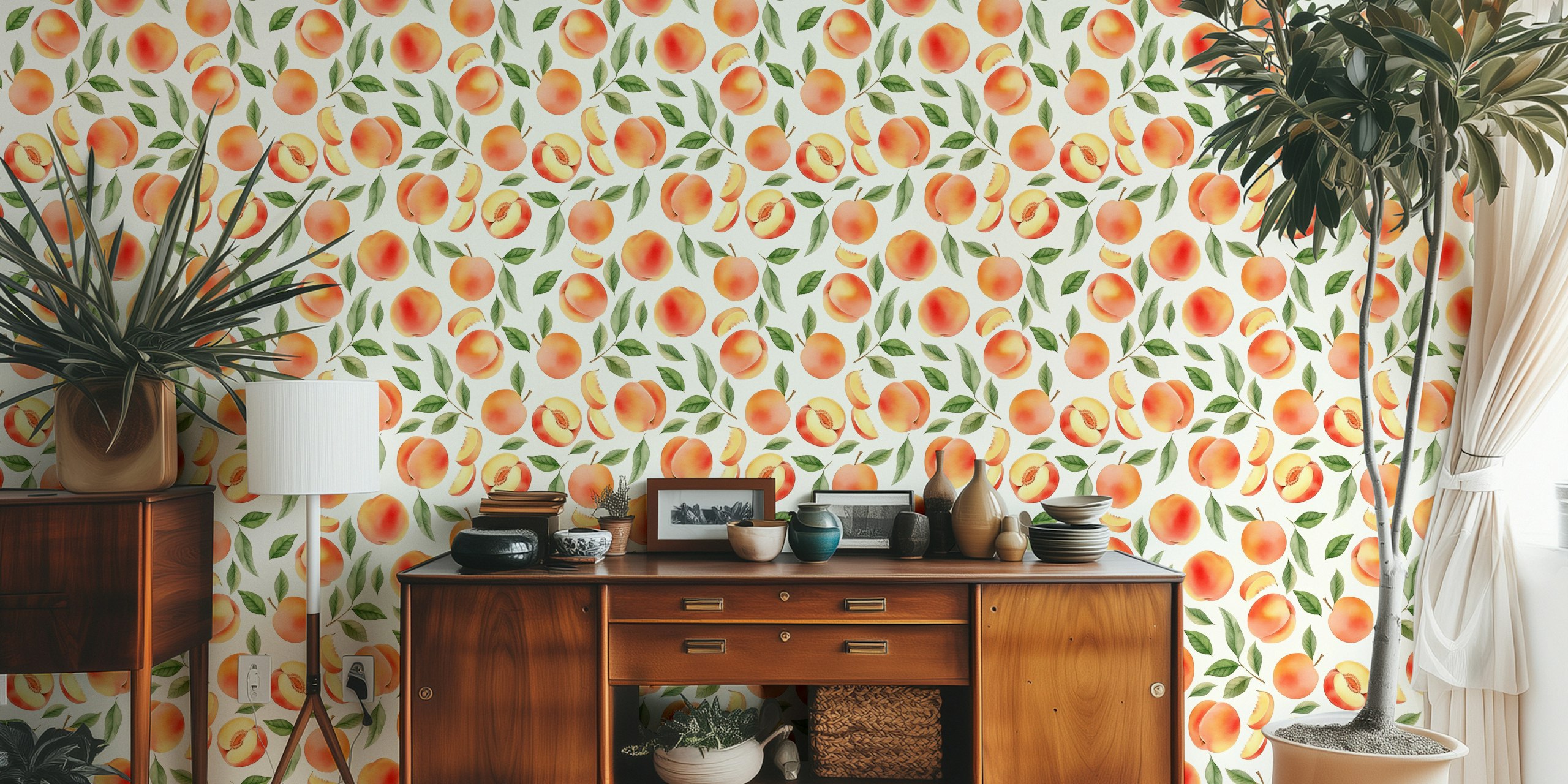 Peach and green leaf pattern on cream background wallpaper