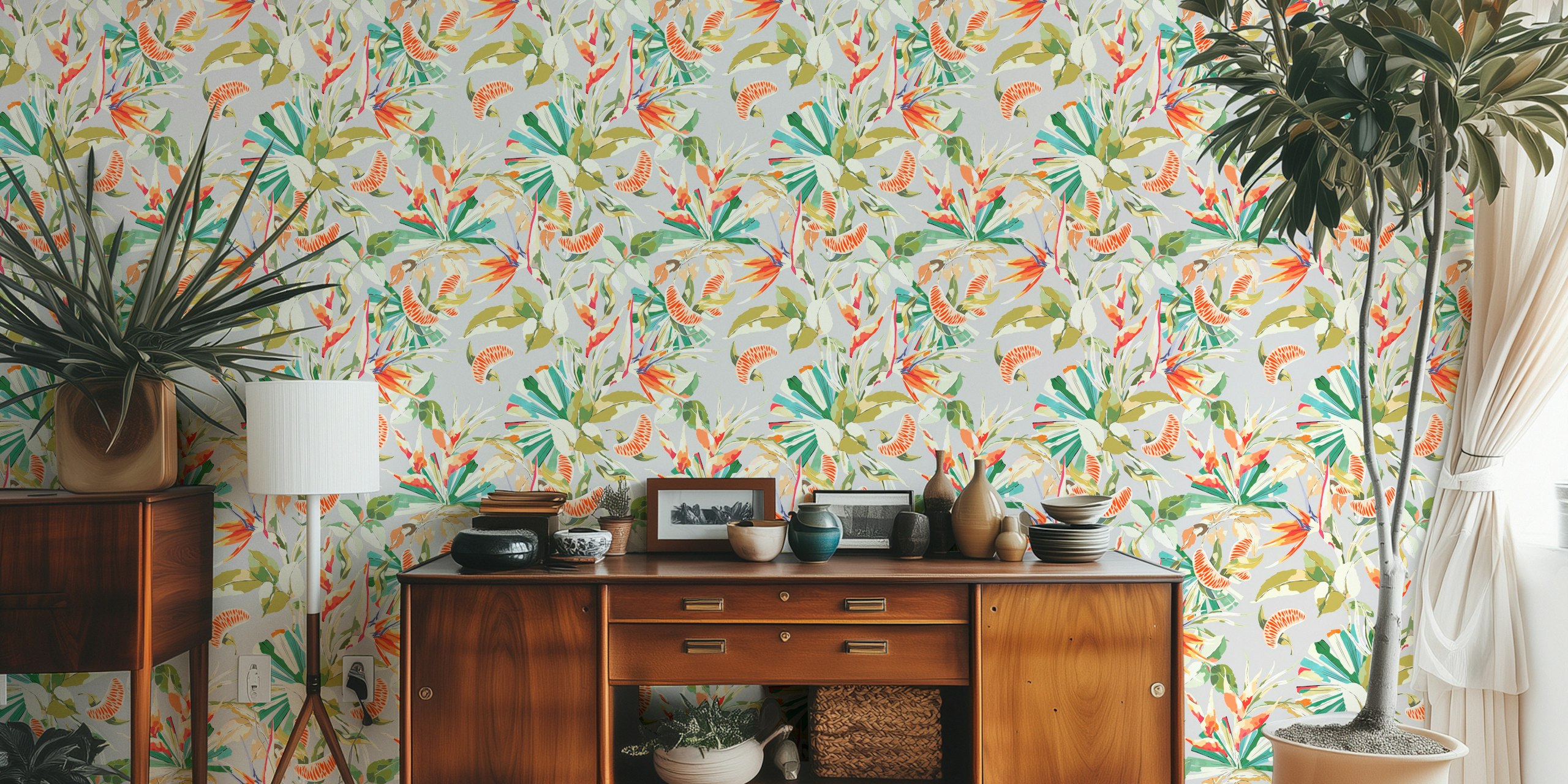 Tropical palm leaves with orange accents on grey background wallpaper