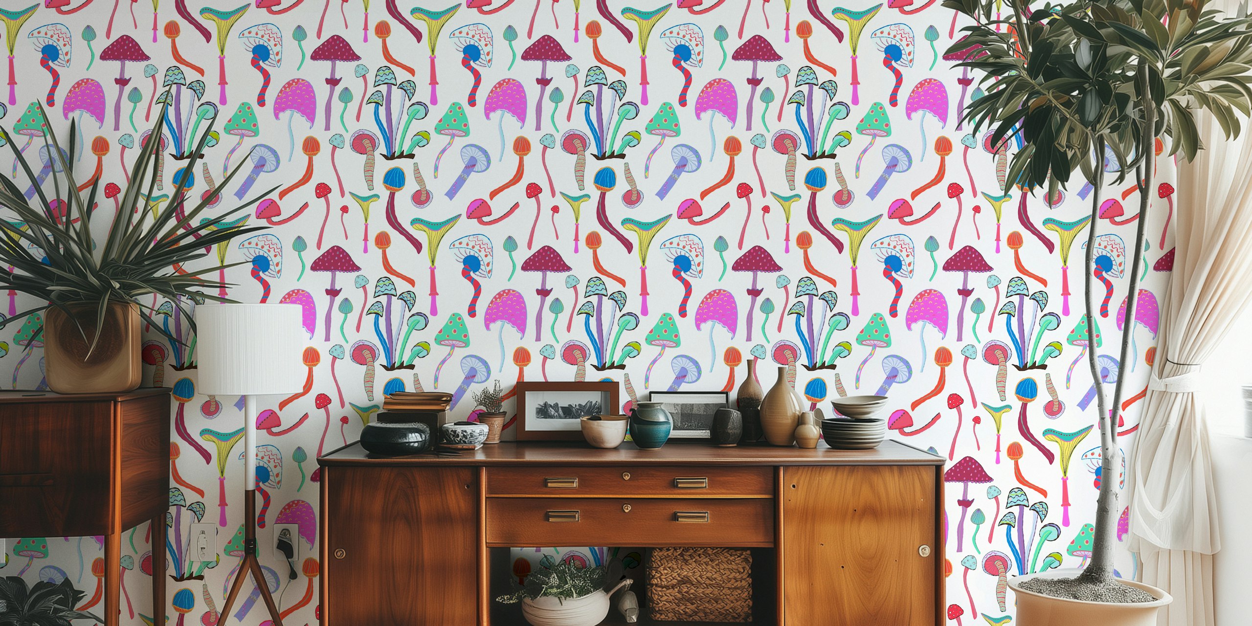 Magic mushrooms wallpaper in a stylish room