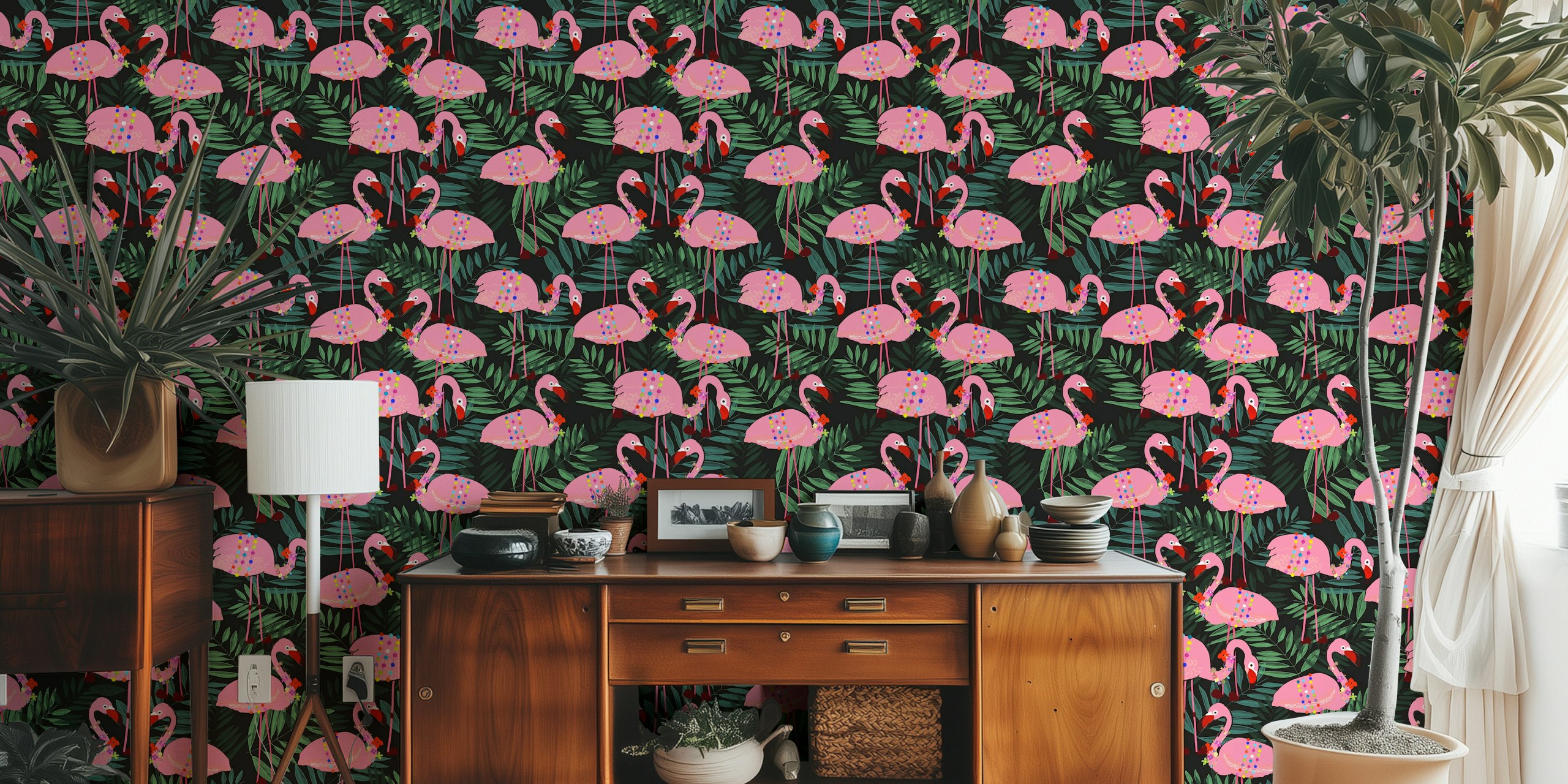 Pink flamingos with tropical flowers on black background wallpaper