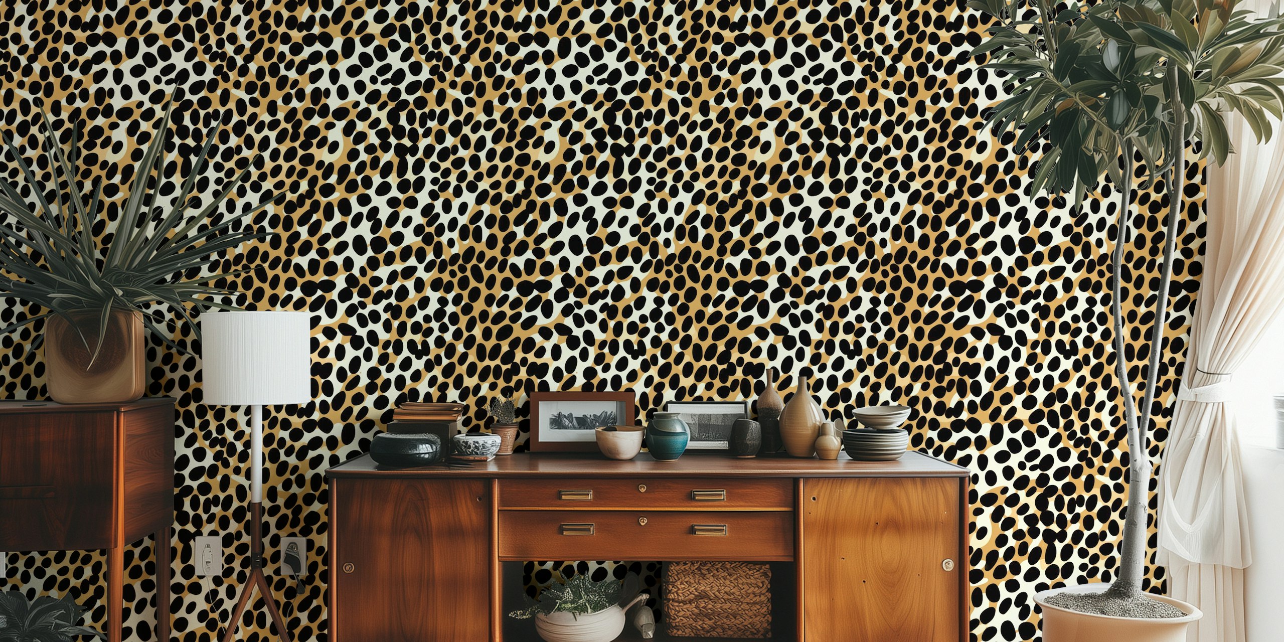 Leopard print design in black and gold on a white background wallpaper