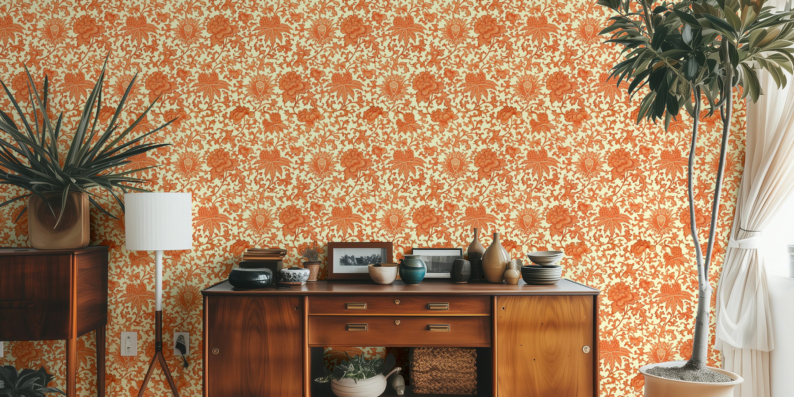 Vintage floral wallpaper in orange with intricate designs